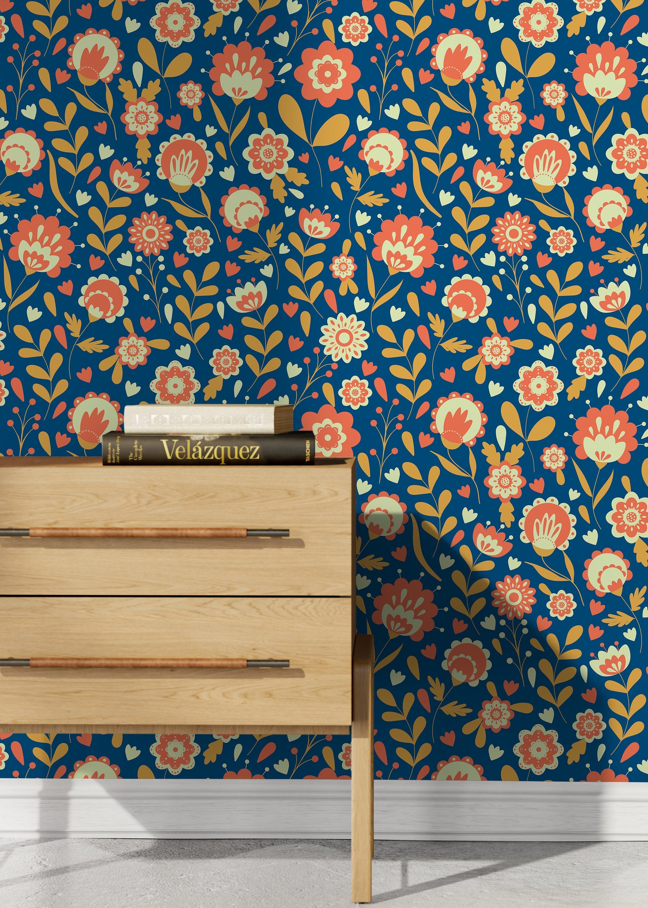 Scandinavian Wallpaper With A Folk Art Floral Motif In Blue, Orange, And Yellow - D109