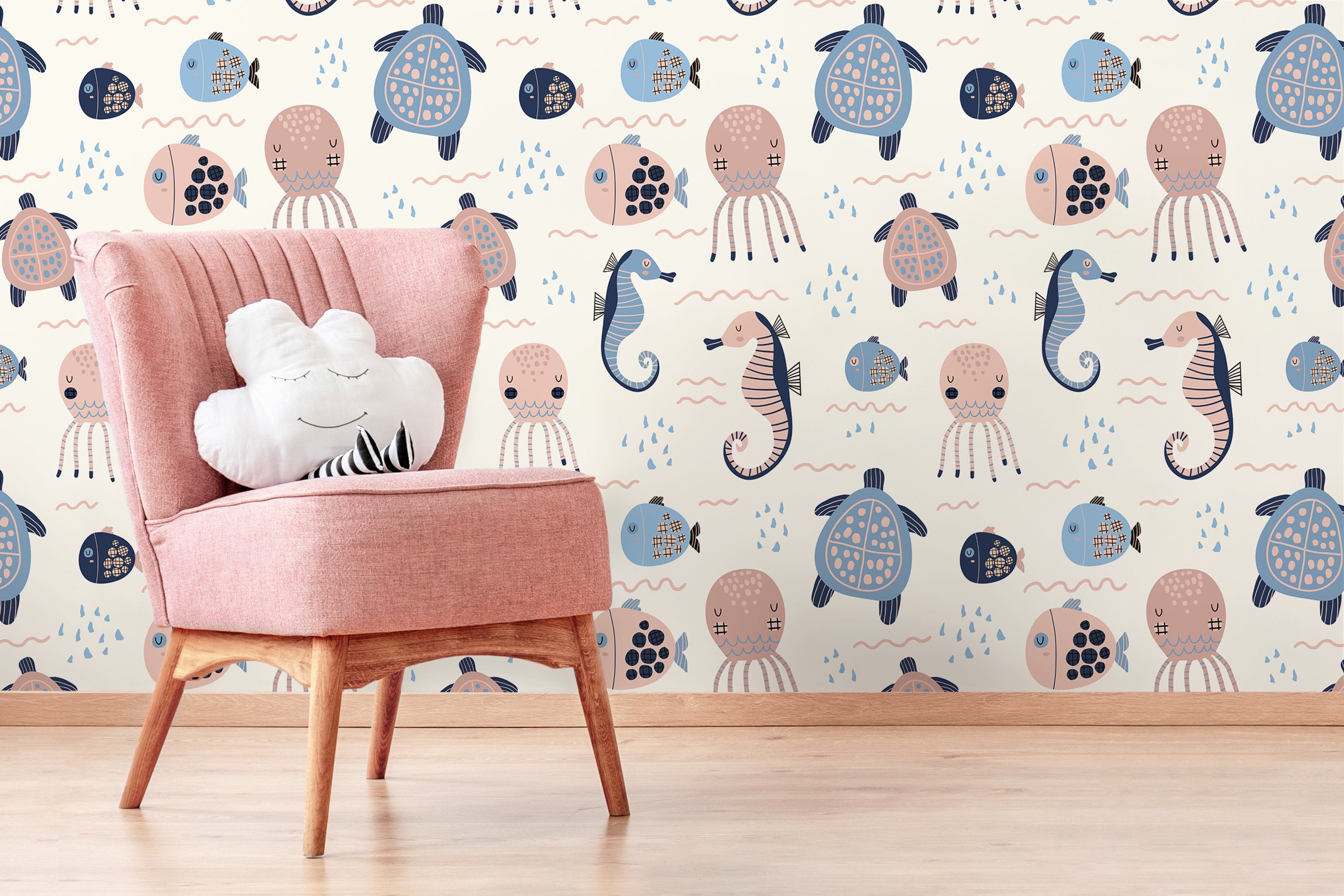 Ocean Wallpaper Featuring Cute Sea Animals In Pink, Blue, And Navy - D111