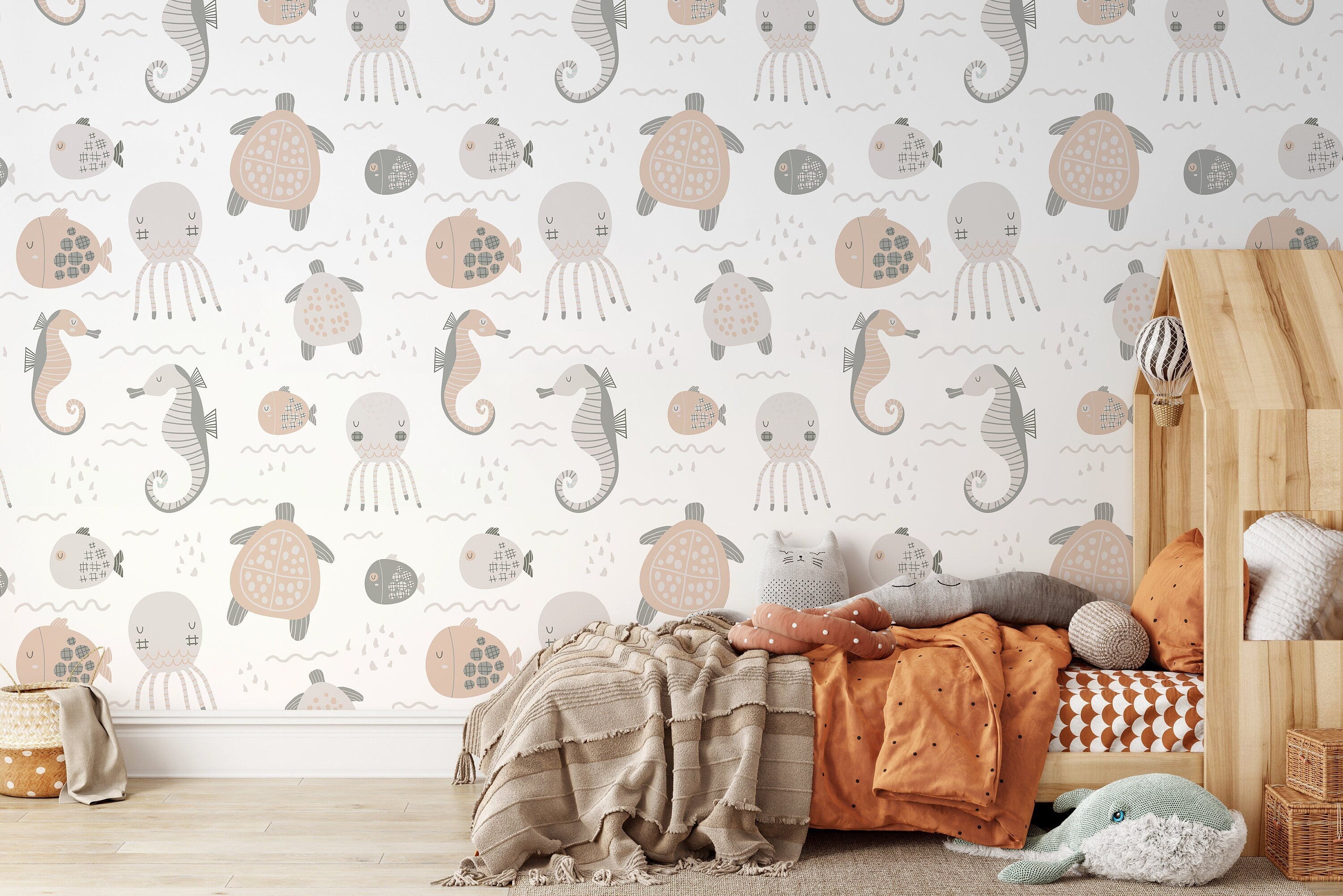 Animal Wallpaper Featuring Sea Creatures In Neutral Gray And Pink - D113