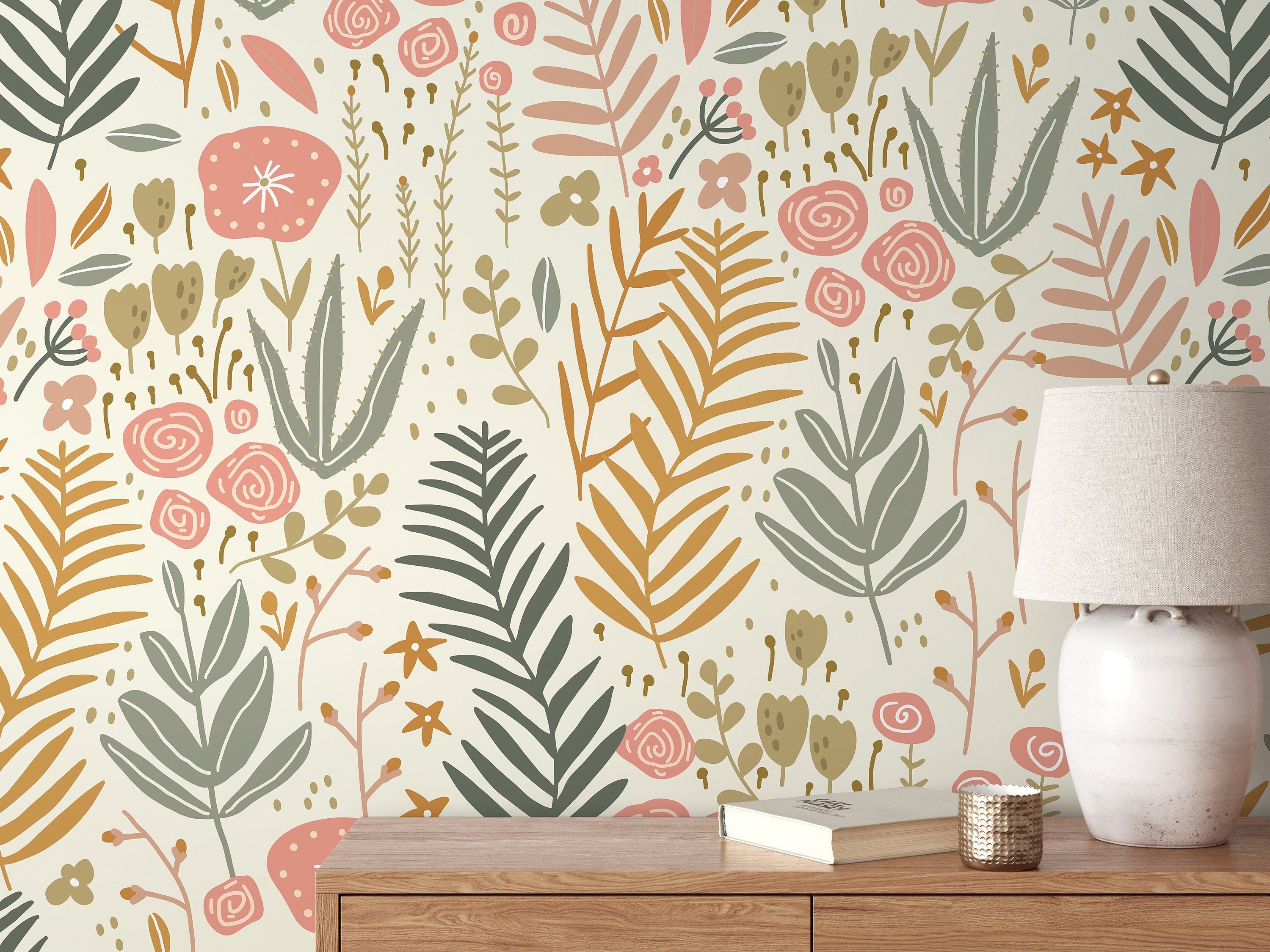 Botanical Wallpaper With Boho Garden Florals In Pink, Green, And Ochre - D116