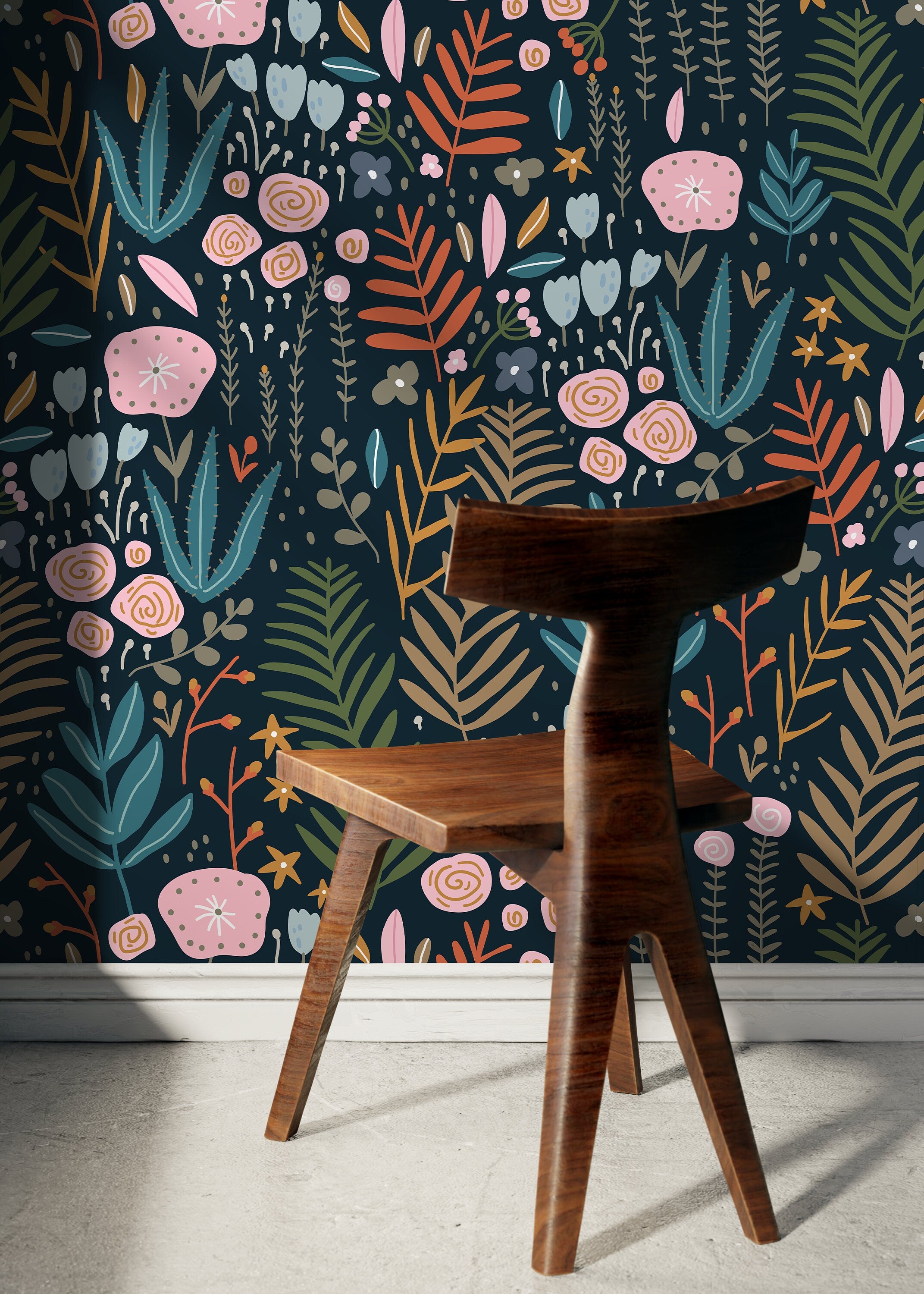 Floral Wallpaper With Whimsical Wildflowers In Pink, Teal, And Orange - D117