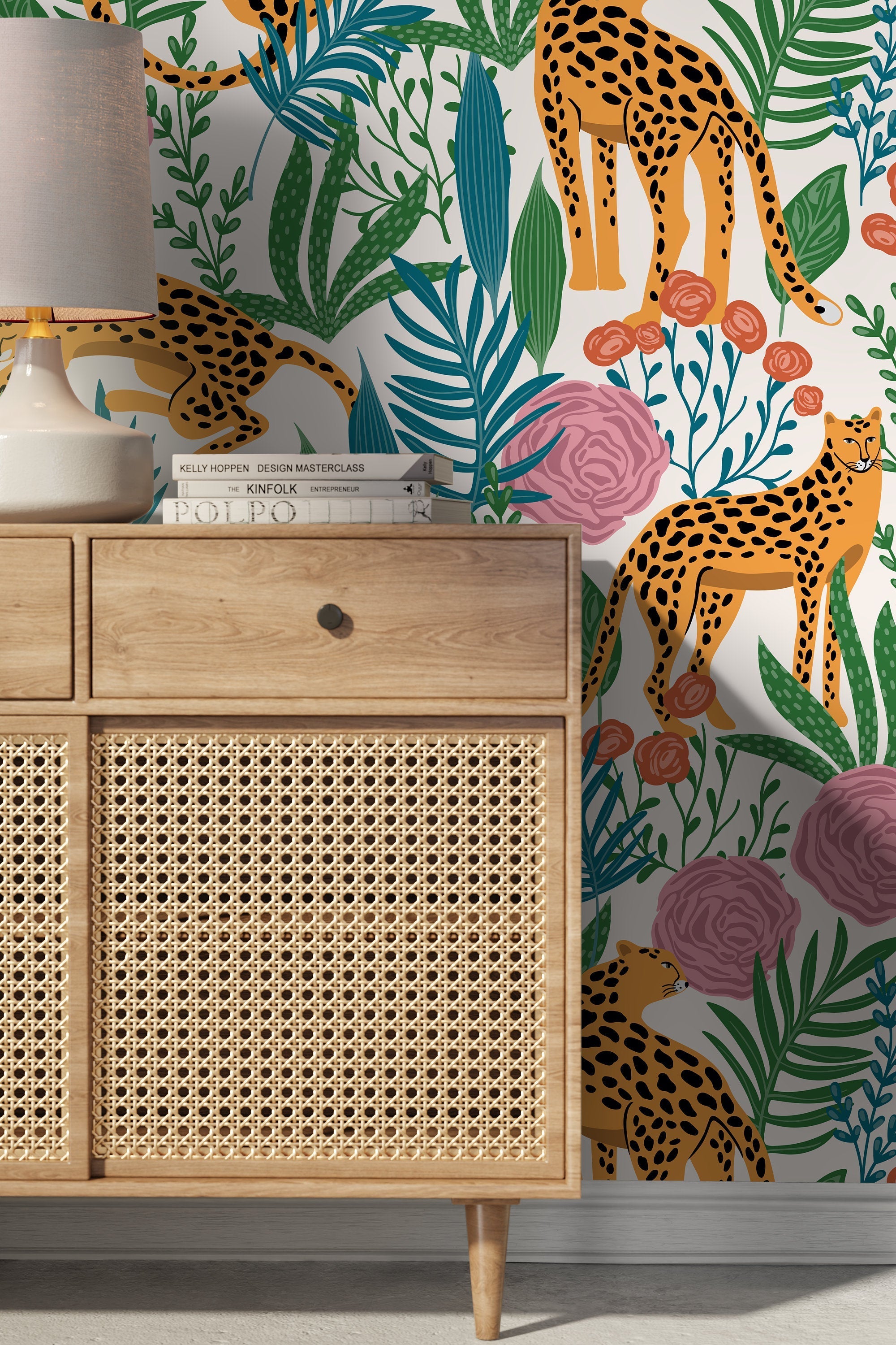 Jungle Wallpaper With Tigers And Floral Motifs In Orange, Pink, And Green - D157