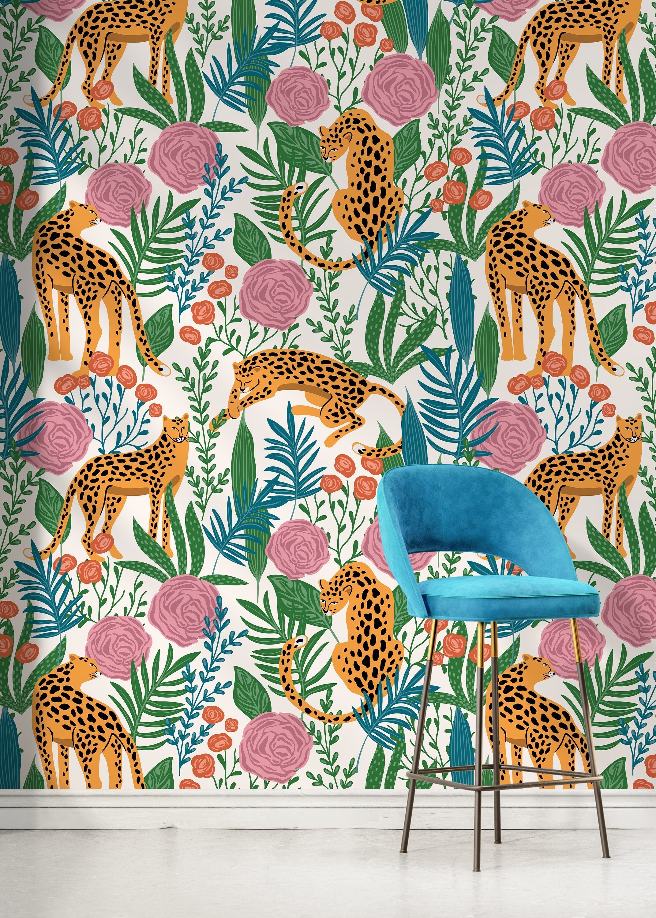 Jungle Wallpaper With Tigers And Floral Motifs In Orange, Pink, And Green - D157