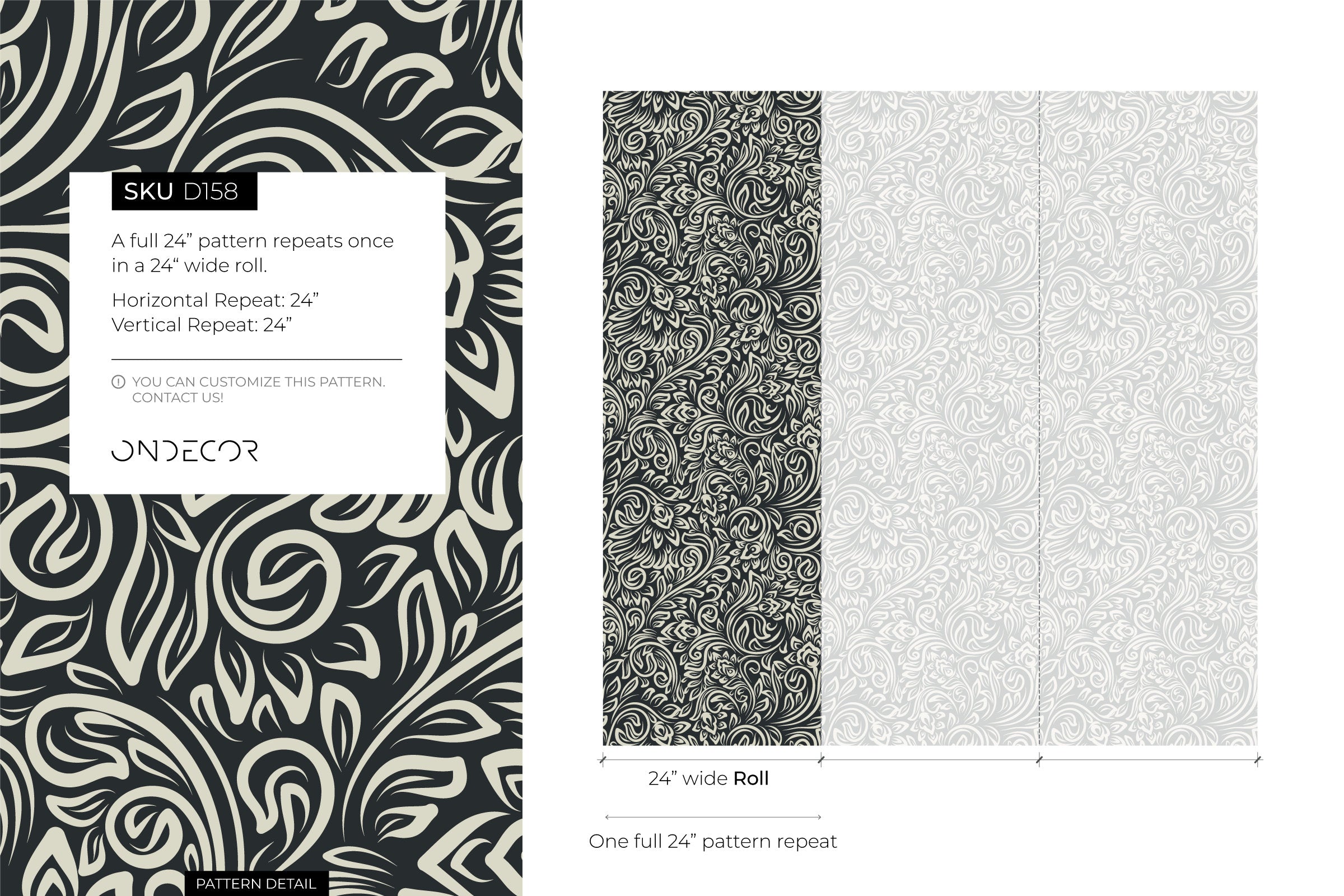 Floral Wallpaper With A Stylized Damask Motif In Black And Cream - D158