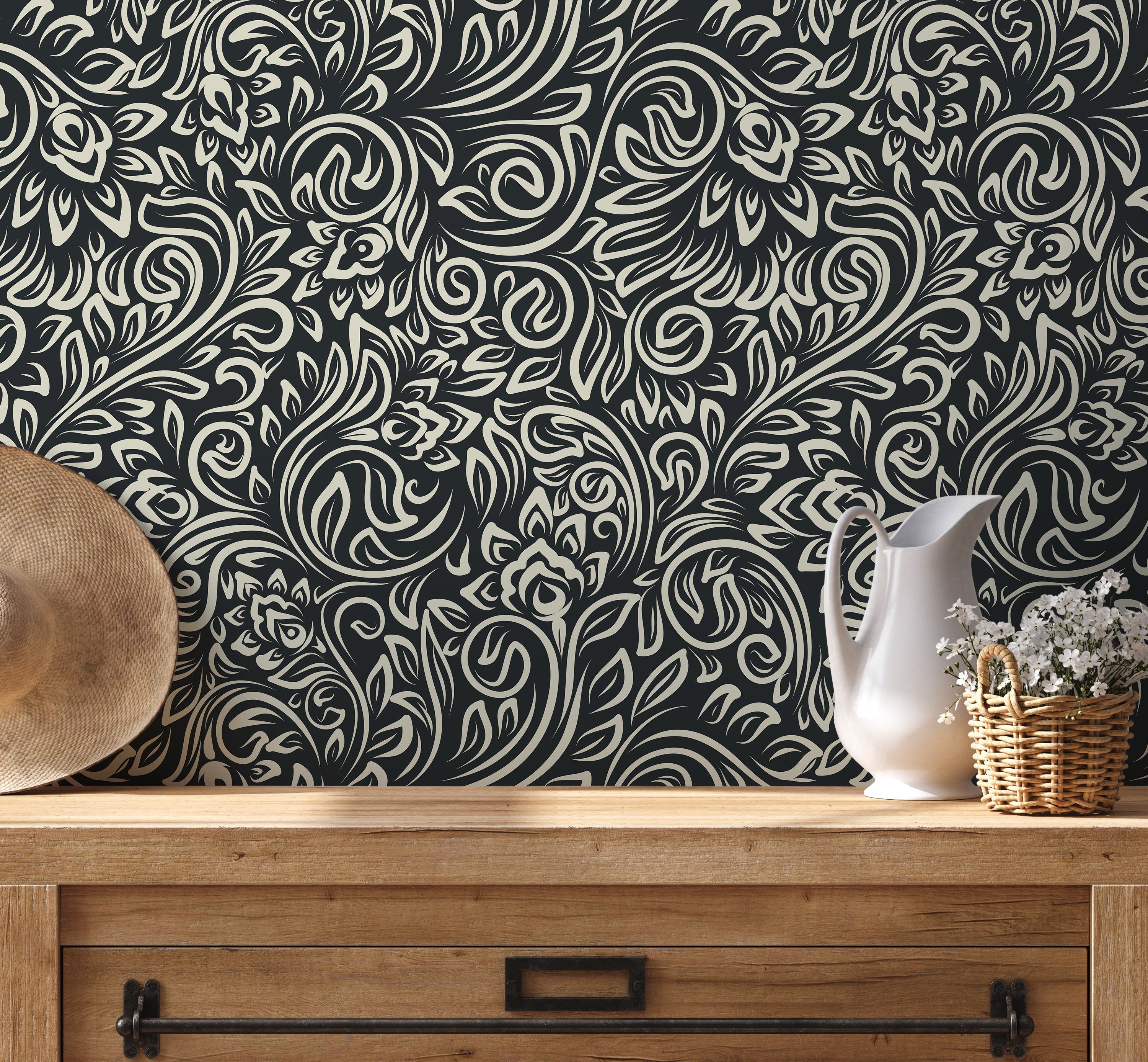 Floral Wallpaper With A Stylized Damask Motif In Black And Cream - D158