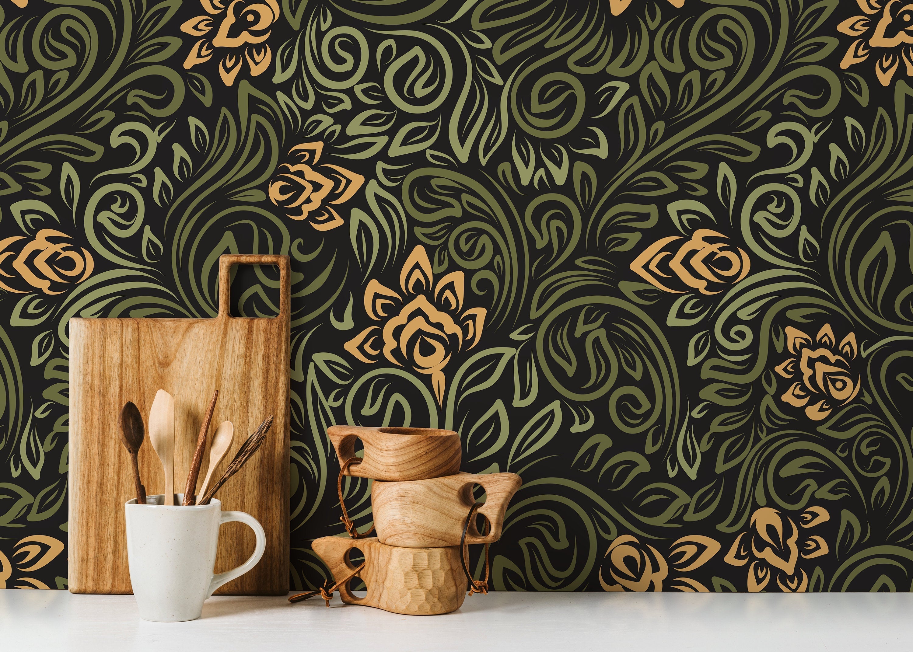 Art Nouveau Wallpaper With Swirling Floral Vines In Green, Gold, And Black - D159