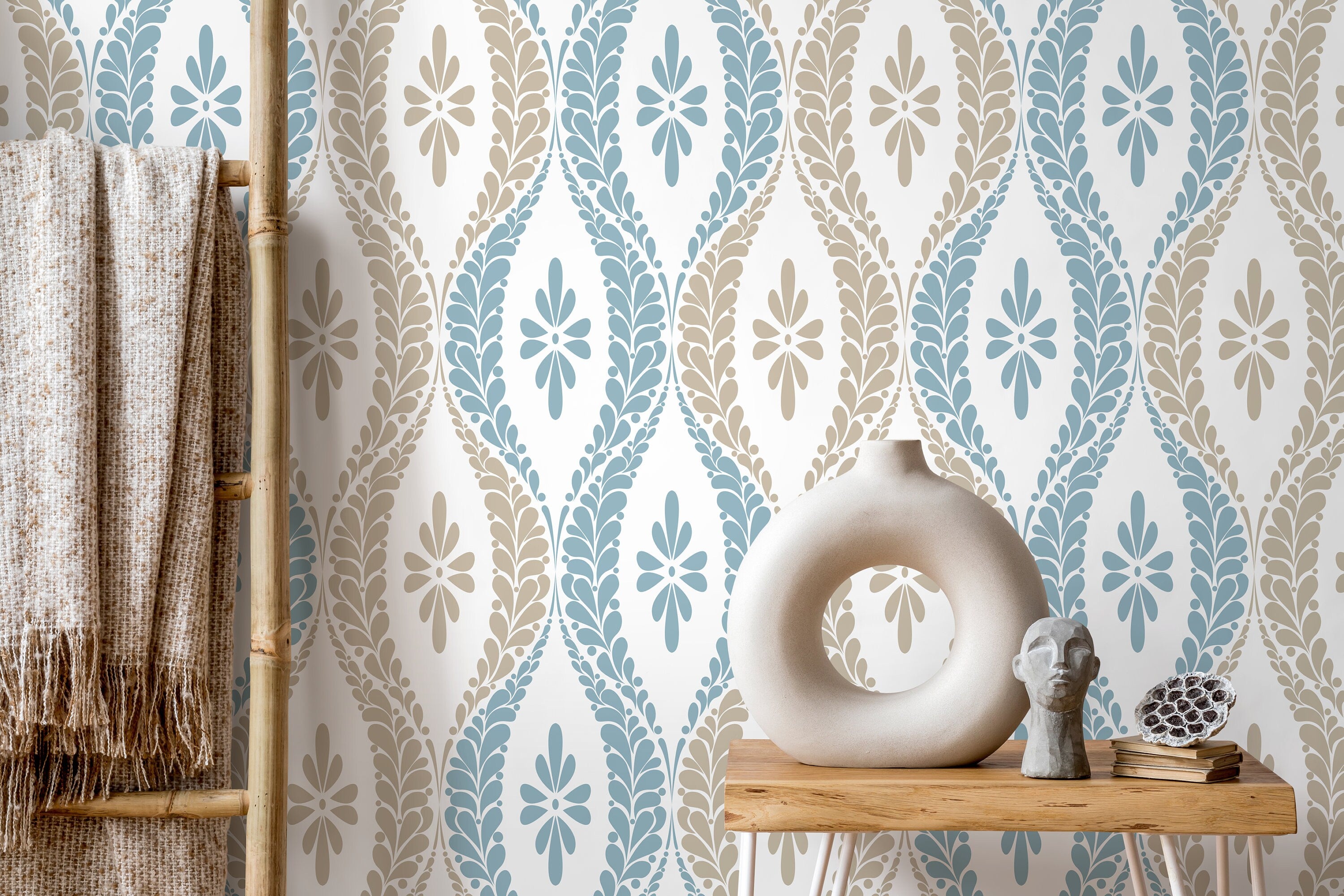 Vintage Wallpaper With A Damask Inspired Motif In Blue And Beige - D172