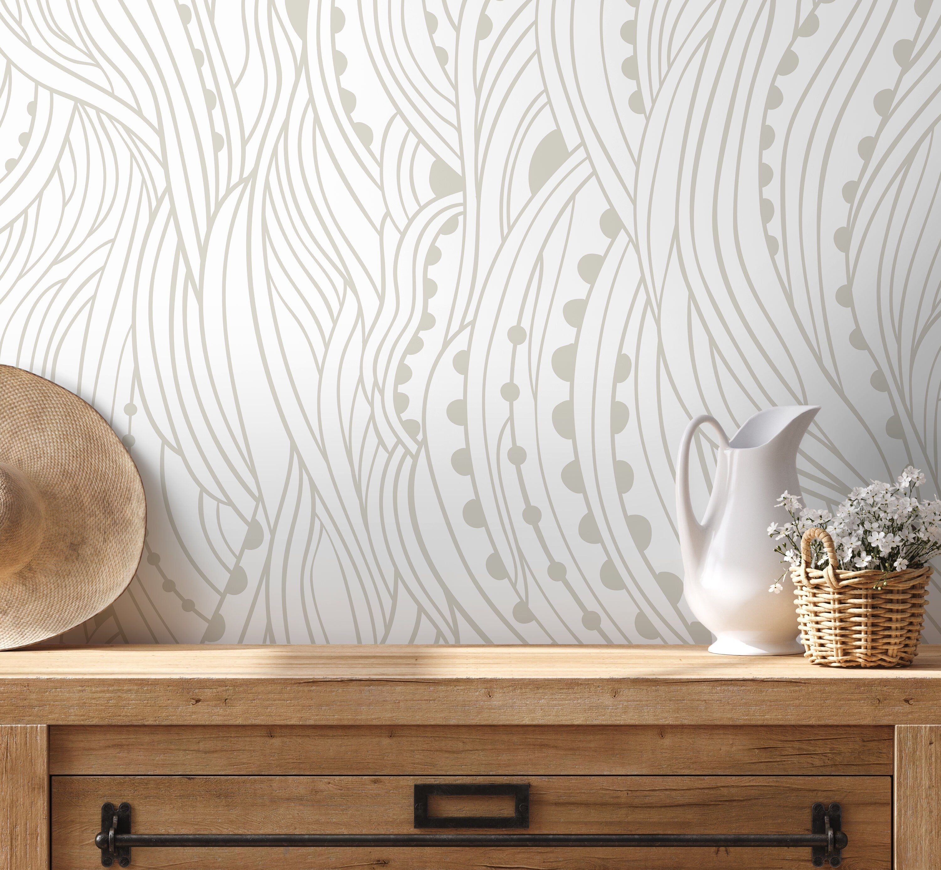 Abstract Wallpaper With Flowing Organic Lines In Neutral Beige - D177