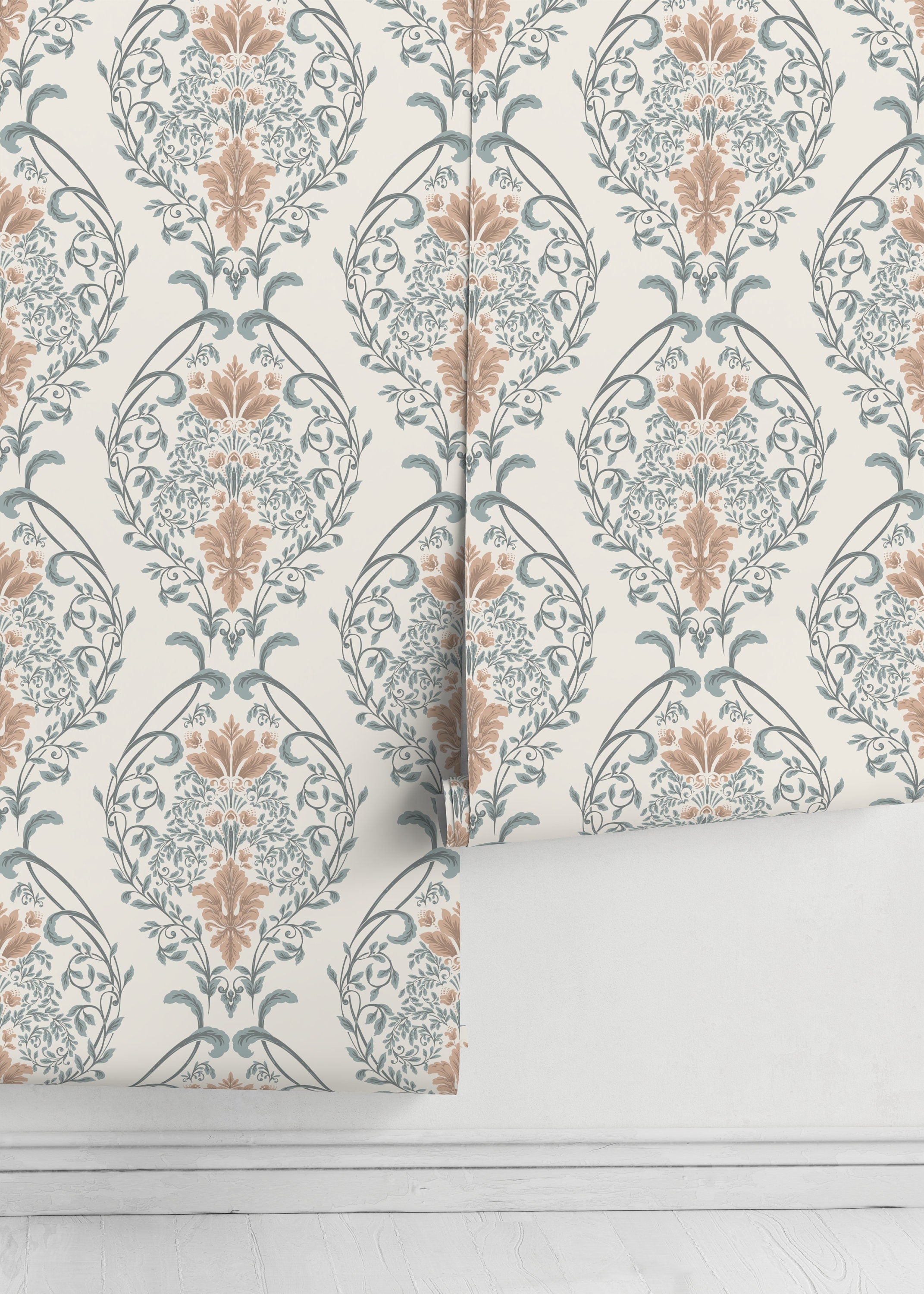 Victorian Wallpaper With A Botanical Damask Motif In Sage Green And Dusty Rose - D221