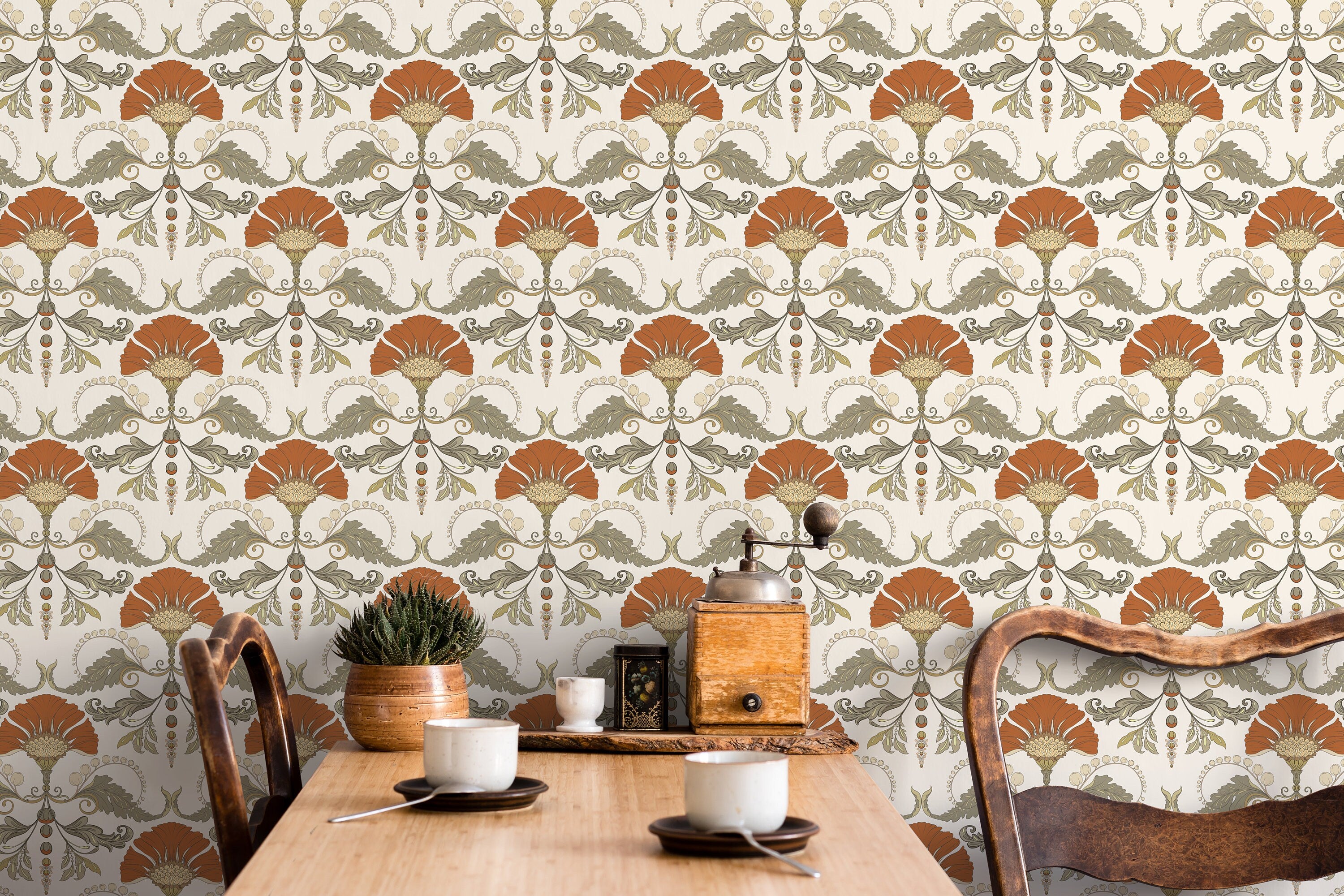 Vintage Wallpaper With A Stylized Floral Damask In Orange, Green, And Cream - D241