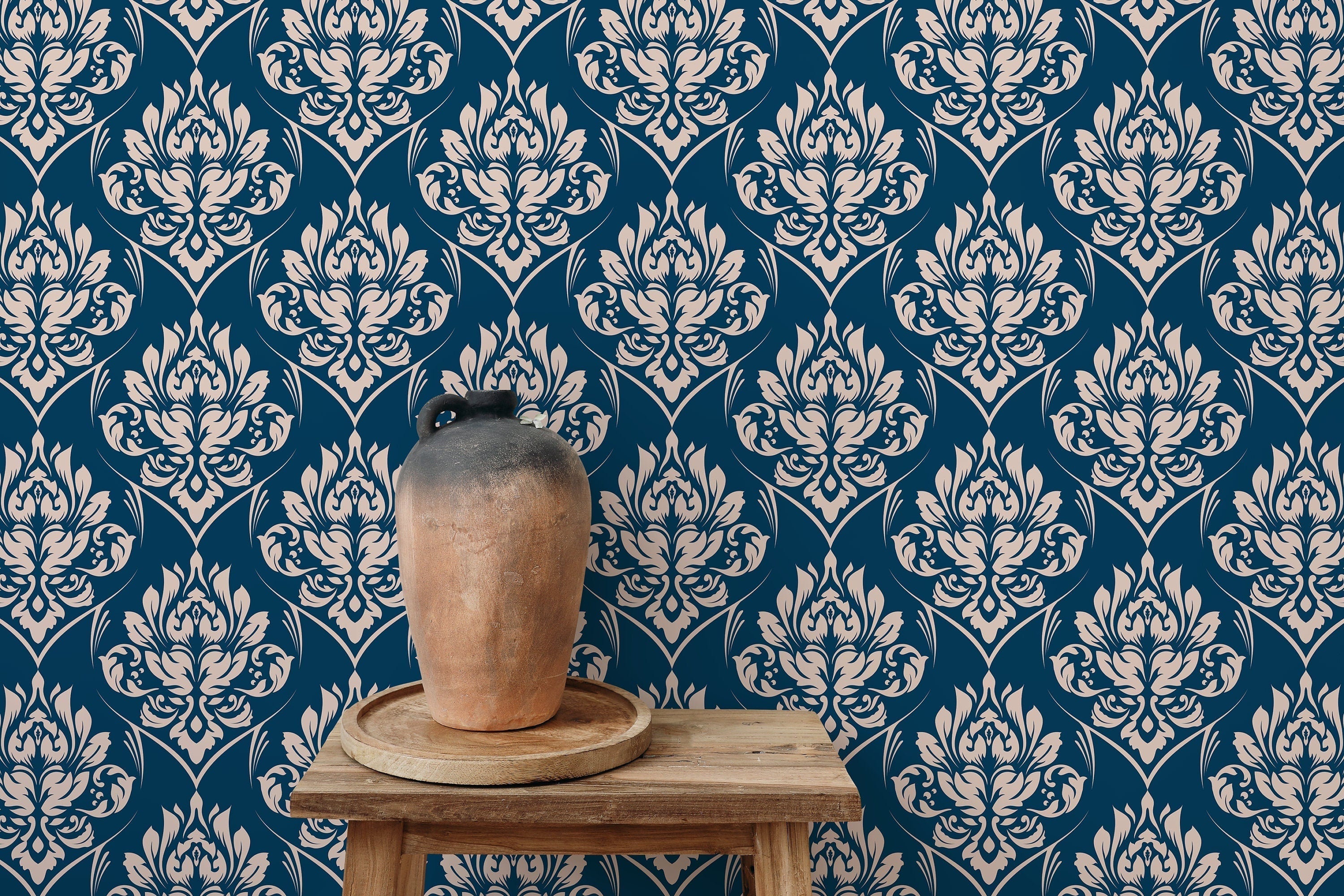 Damask Wallpaper With A Classic Ornate Motif In Blue And Beige - D227