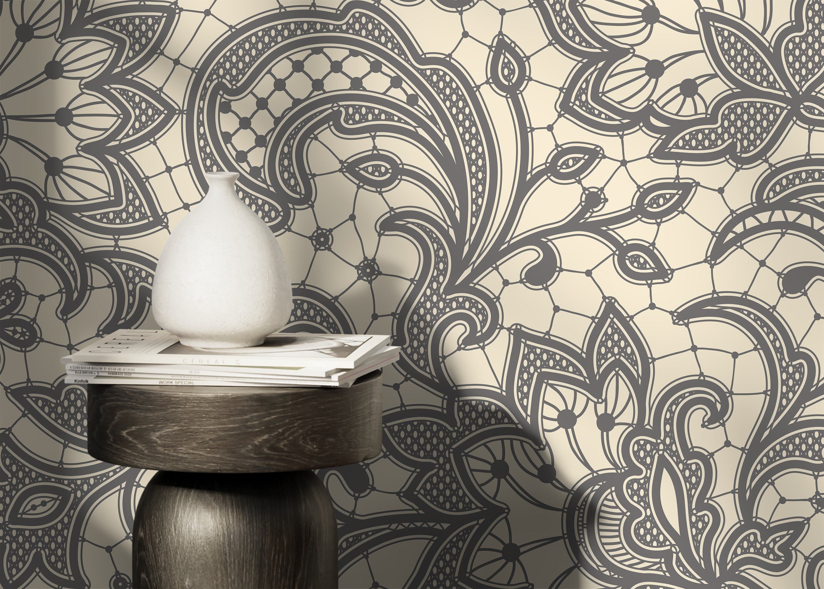 Lace Wallpaper With An Intricate Ornamental Motif In Gray And Beige - D209