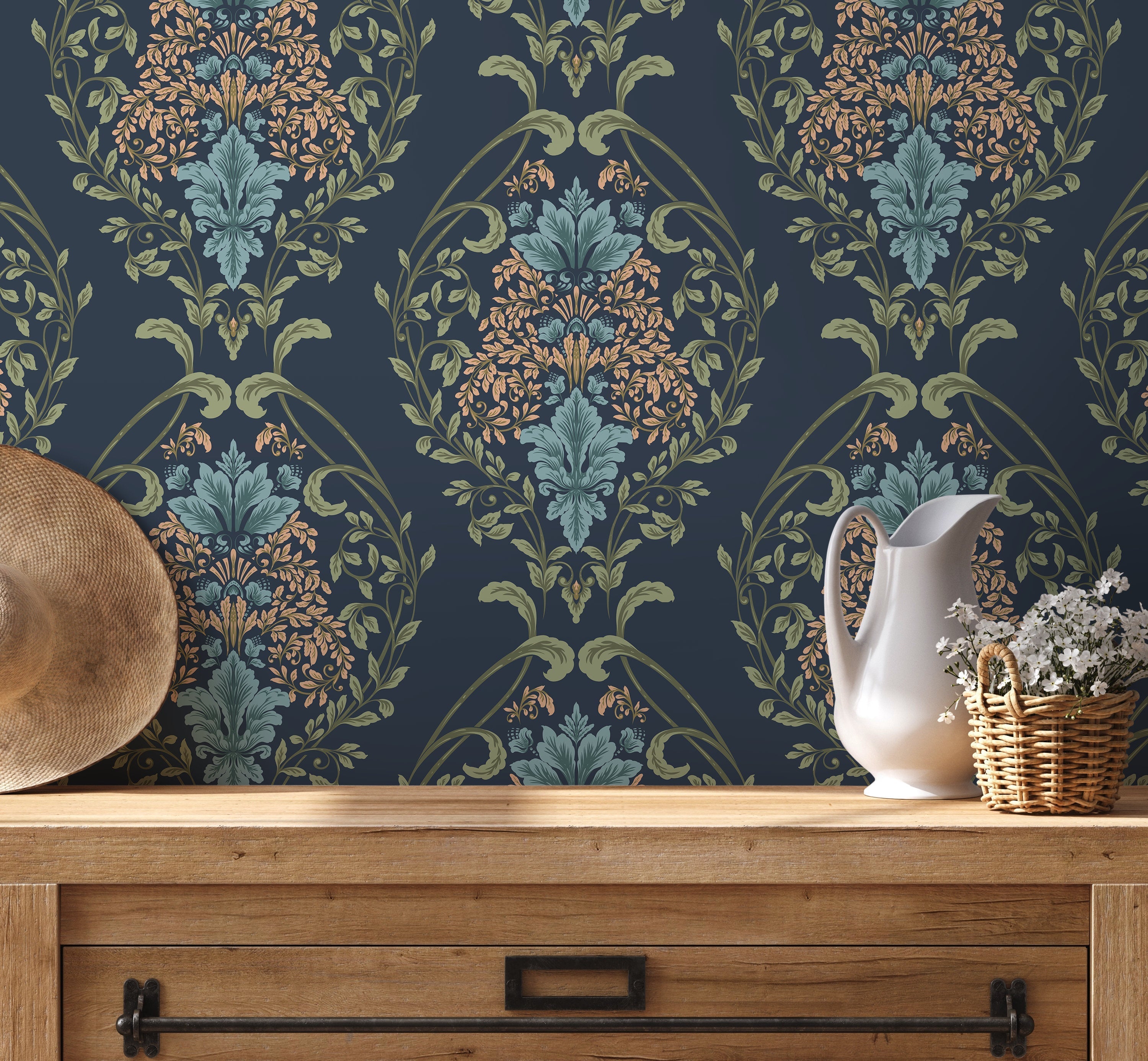Victorian Floral Wallpaper With A Damask Motif In Blue, Teal, And Peach - D219