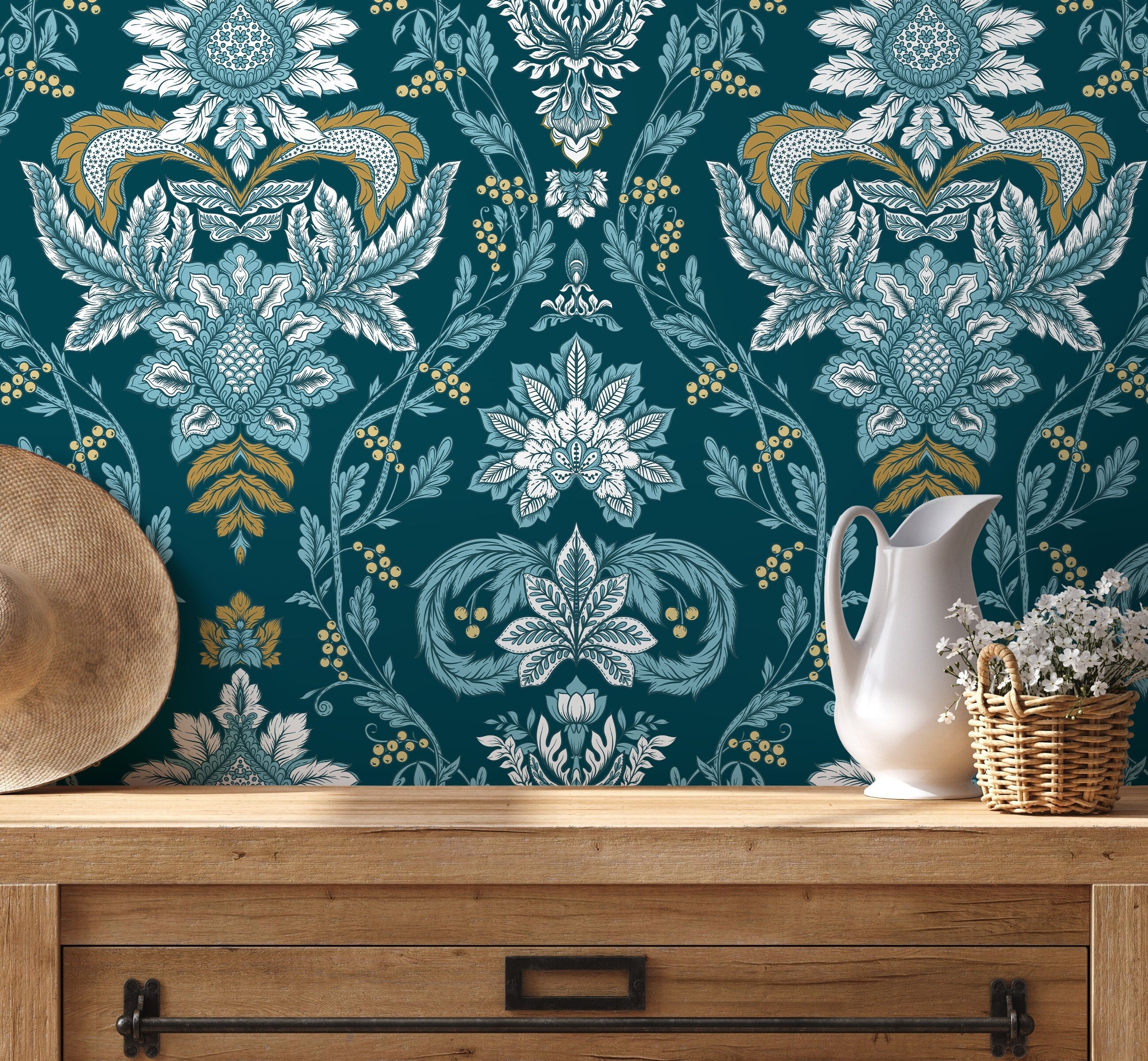 Damask Wallpaper With An Intricate Floral Motif In Teal, Blue, And Gold - D222