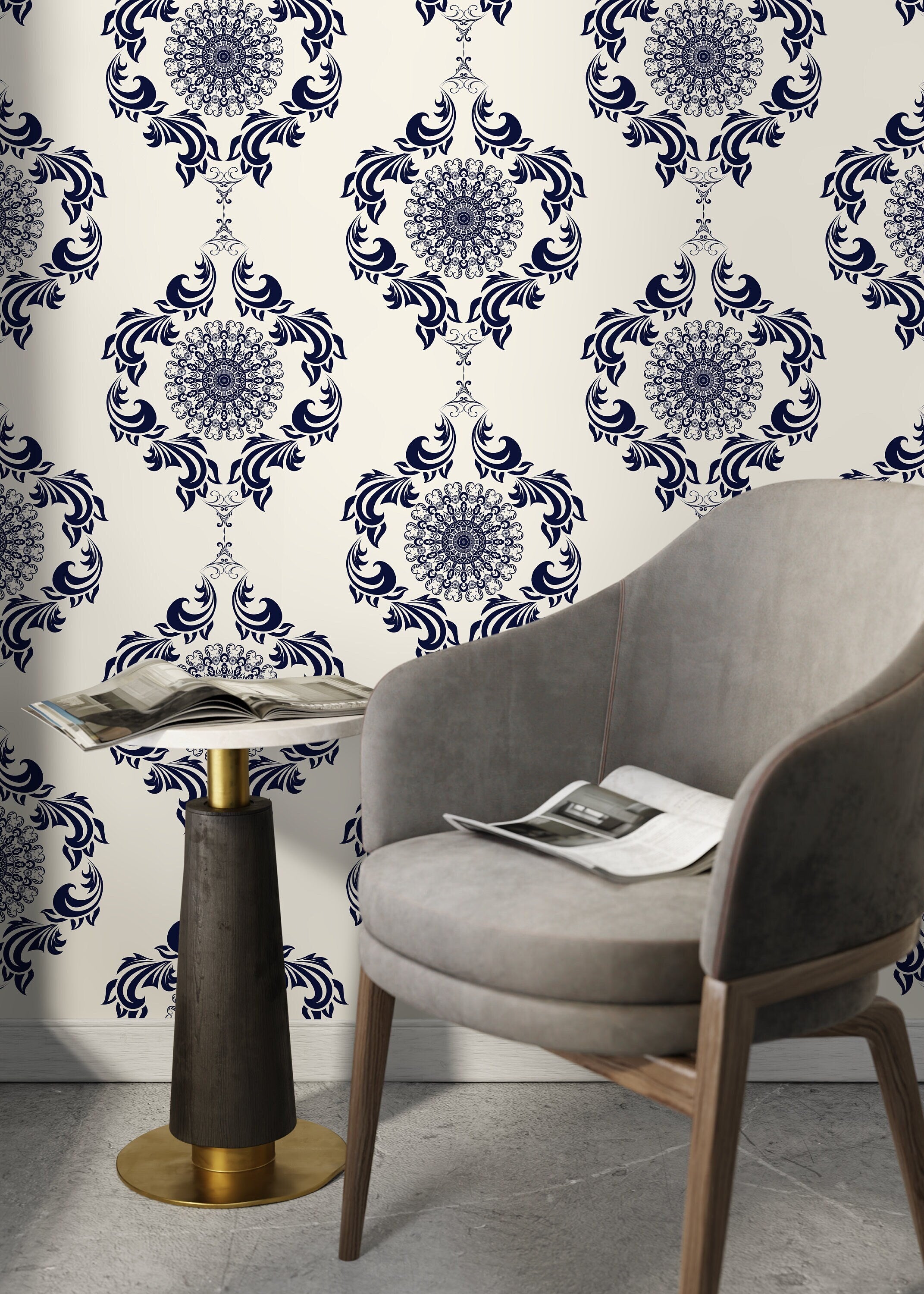 Vintage Wallpaper Featuring Ornamental Damask Medallions In Navy Blue - D231