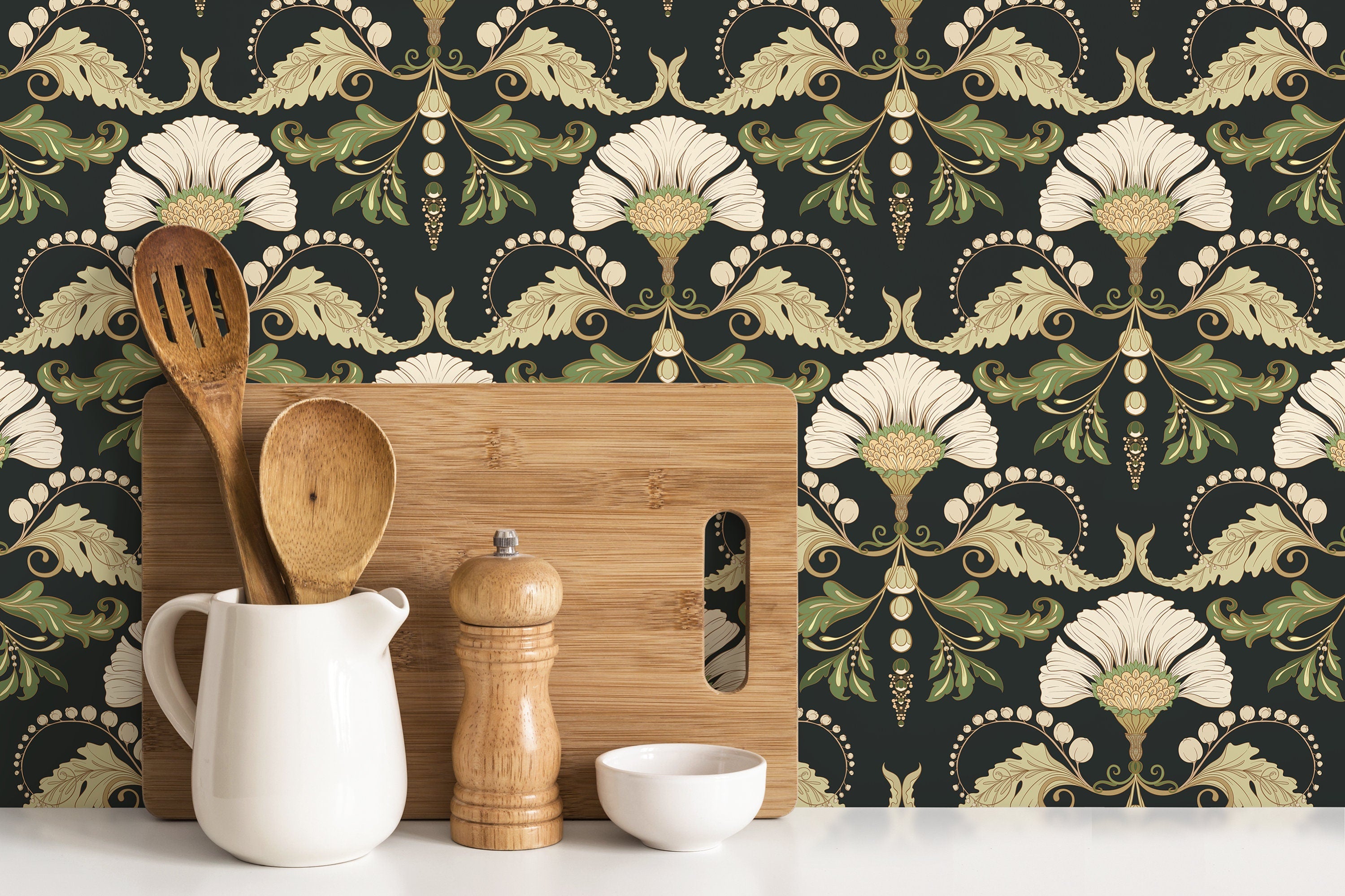Vintage Wallpaper With A Floral Damask Motif In Green, Beige, And Black - D238