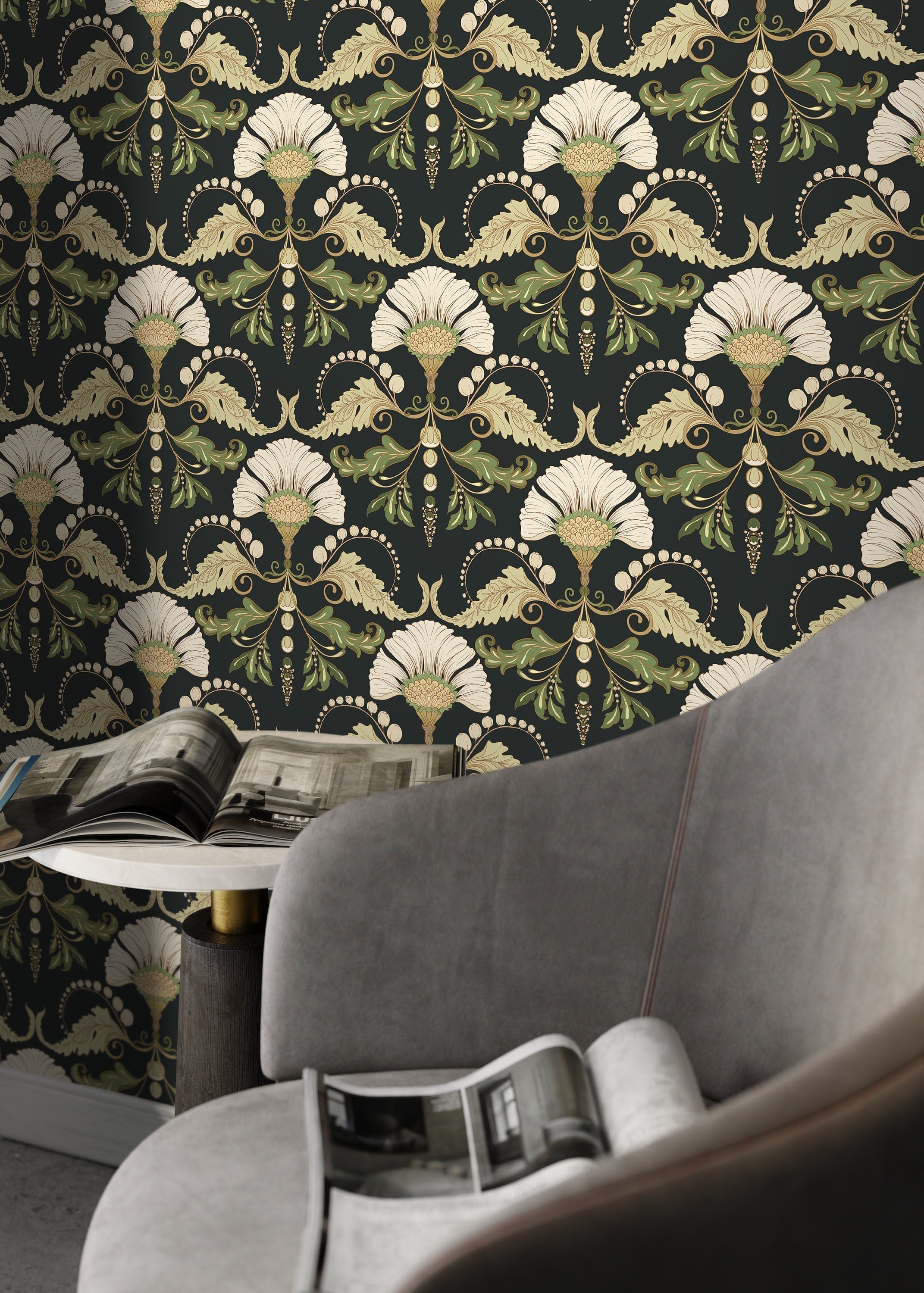 Vintage Wallpaper With A Floral Damask Motif In Green, Beige, And Black - D238