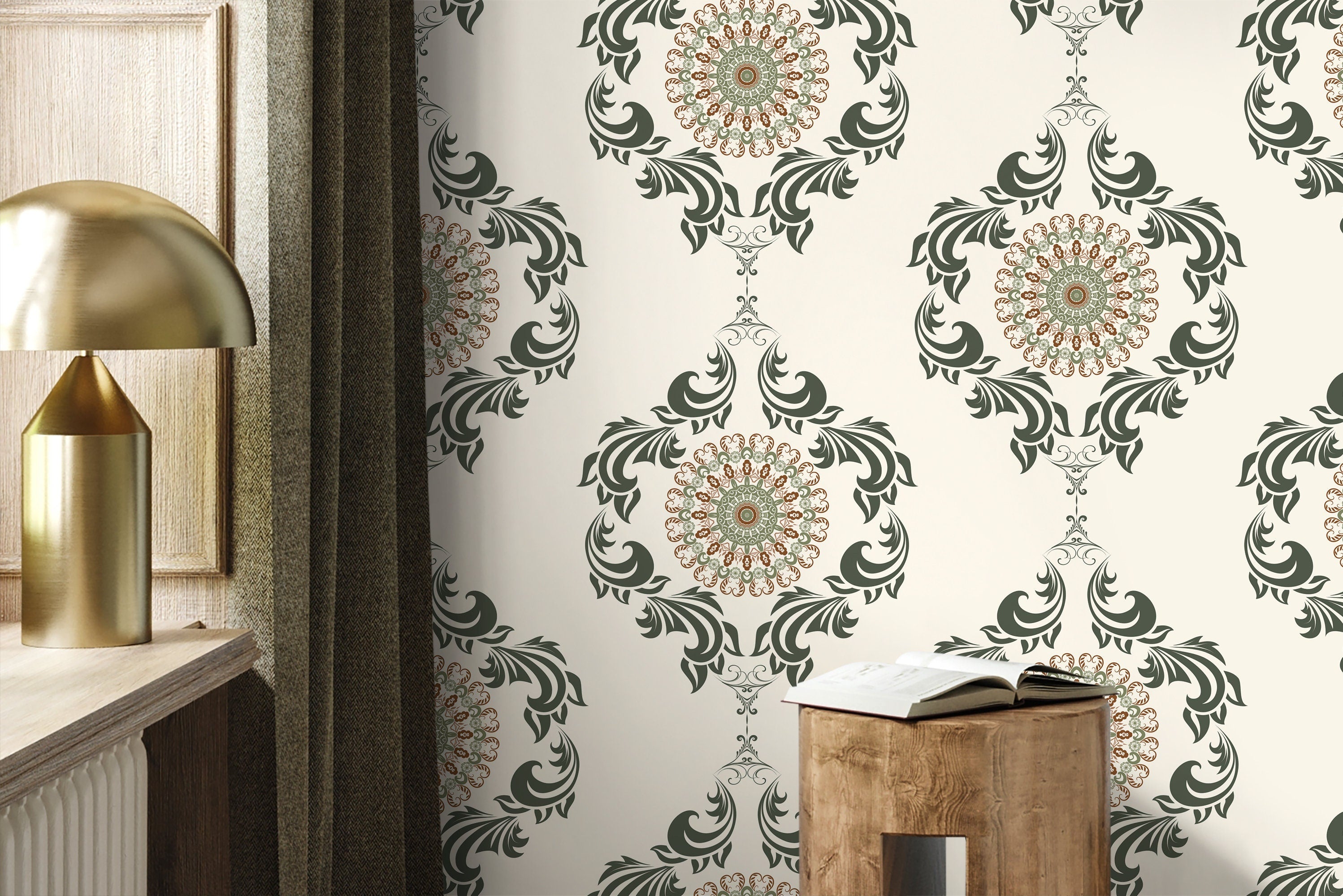 Ornamental Wallpaper With A Mandala And Scrollwork Motif In Green And Brown - D232