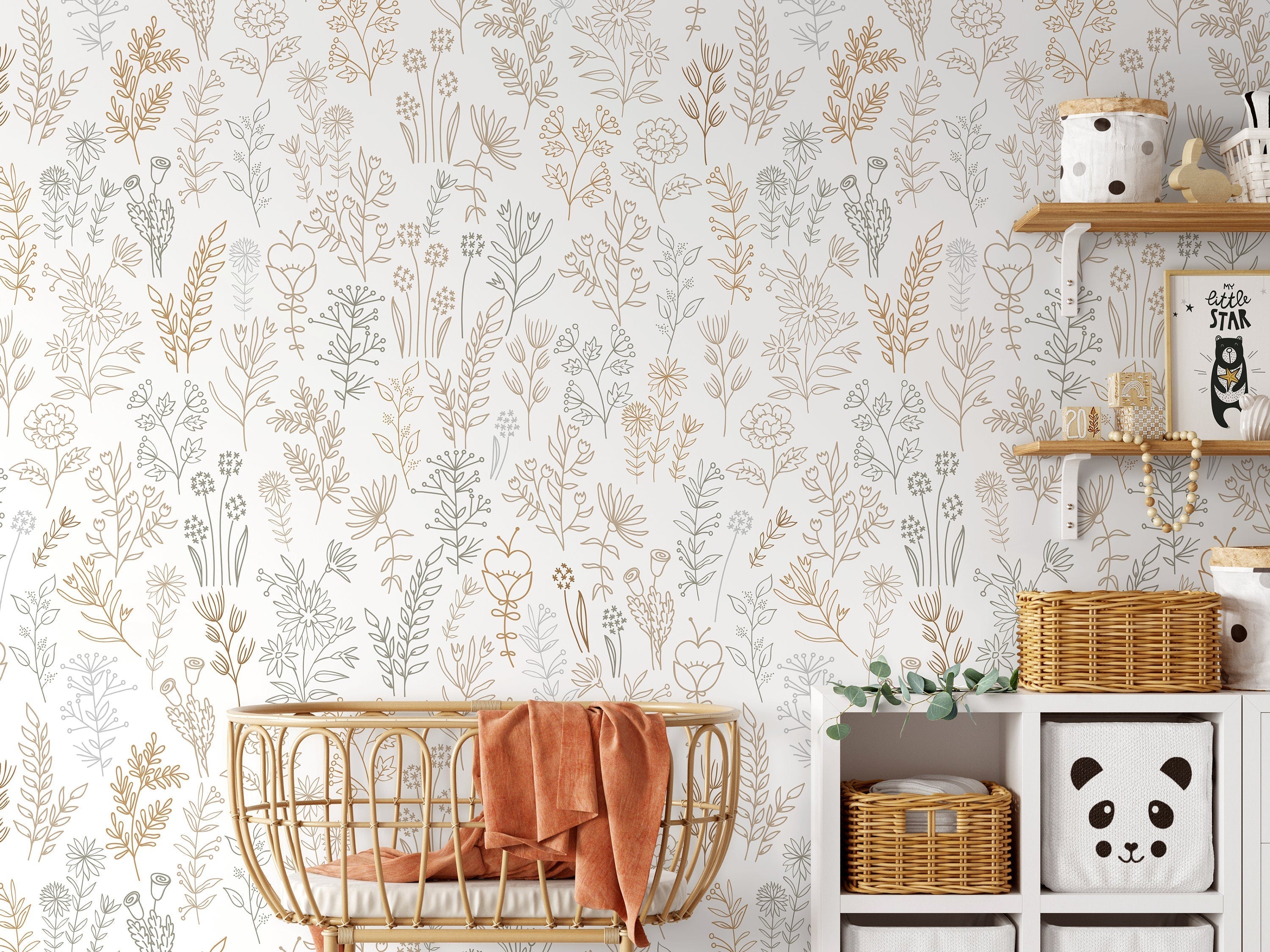 Botanical Wallpaper With Minimalist Wildflowers In Brown, Green, And Beige - D236