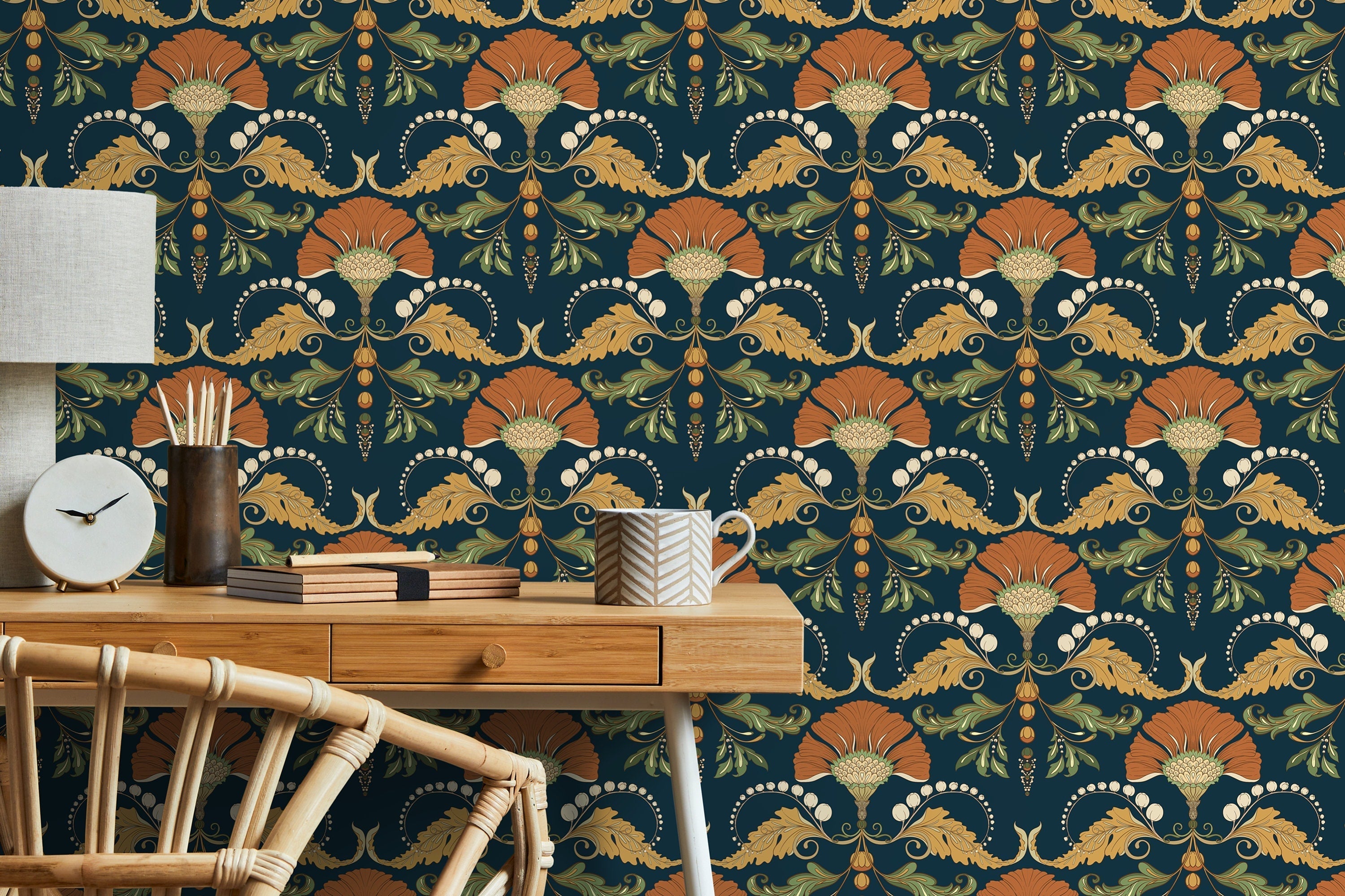 Art Nouveau Wallpaper With A Stylized Floral Motif In Orange, Gold, And Green - D239