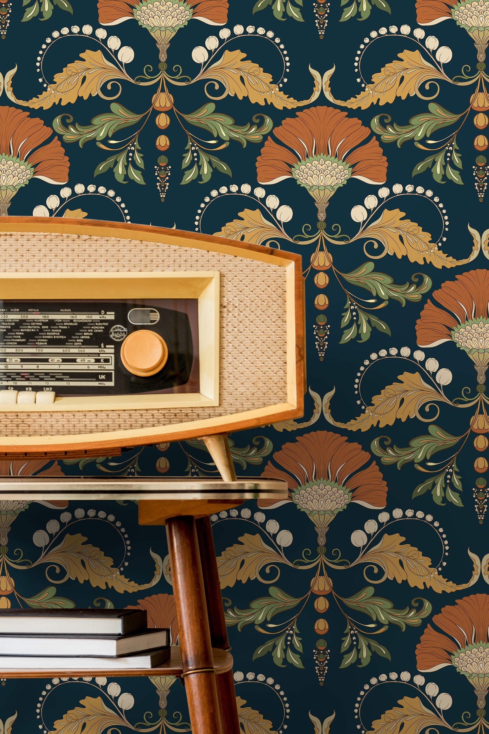 Art Nouveau Wallpaper With A Stylized Floral Motif In Orange, Gold, And Green - D239