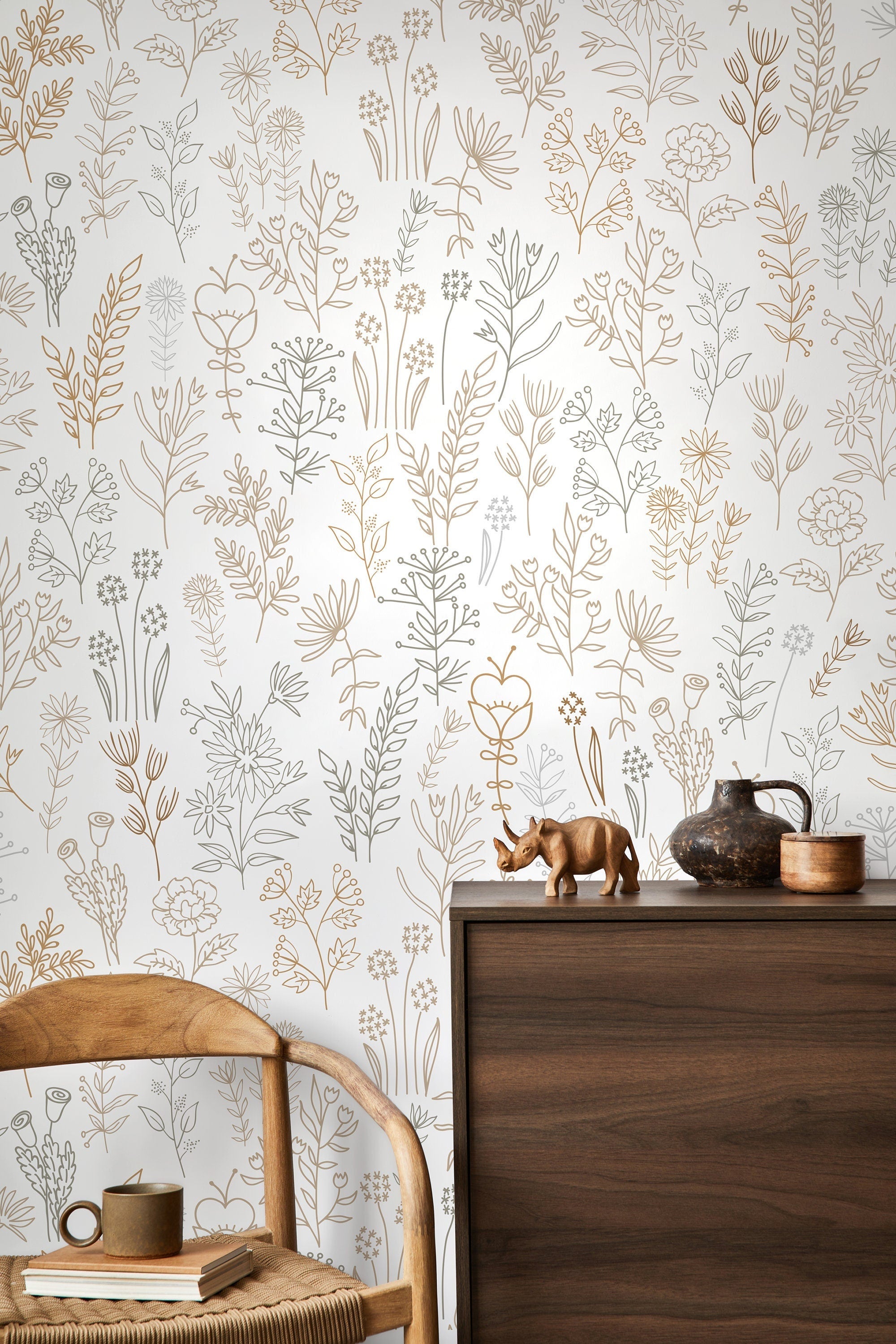 Botanical Wallpaper With Minimalist Wildflowers In Brown, Green, And Beige - D236