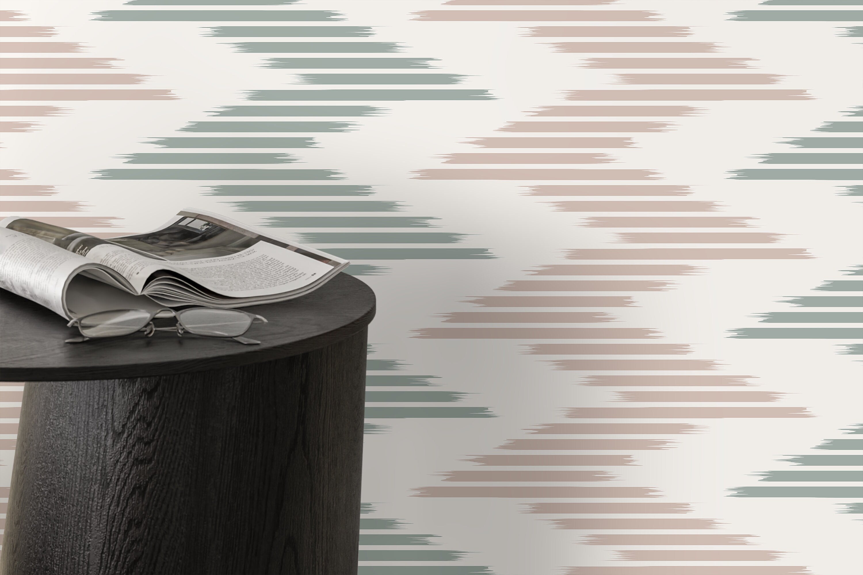 Abstract Wallpaper With An Ikat Stripe Motif In Sage Green And Dusty Rose - D206