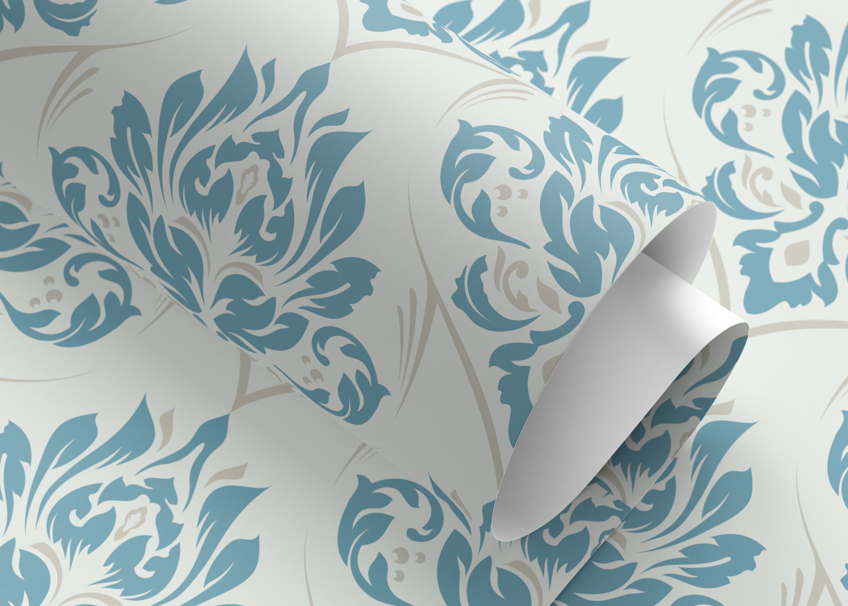 Damask Wallpaper With A Classic Ornate Motif In Blue And Beige - D228