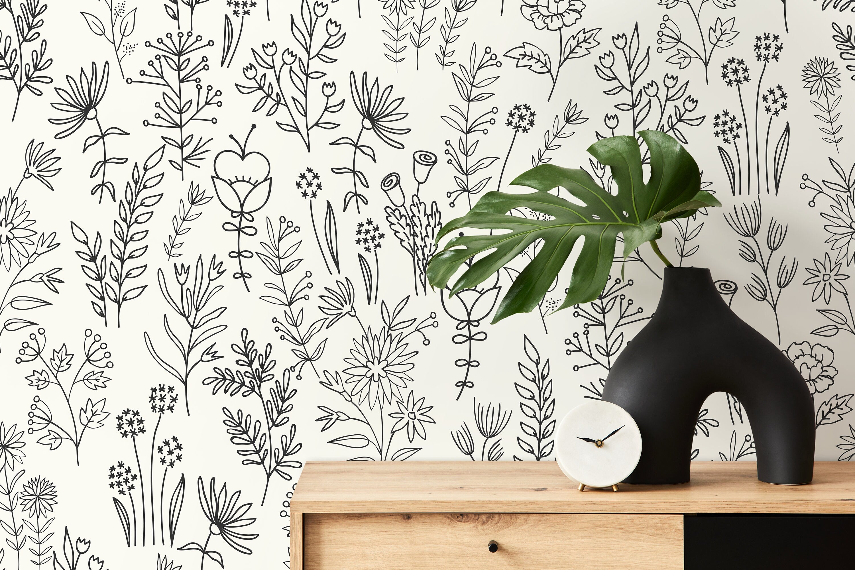 Floral Wallpaper With A Boho Wildflower Motif In Black And White - D234