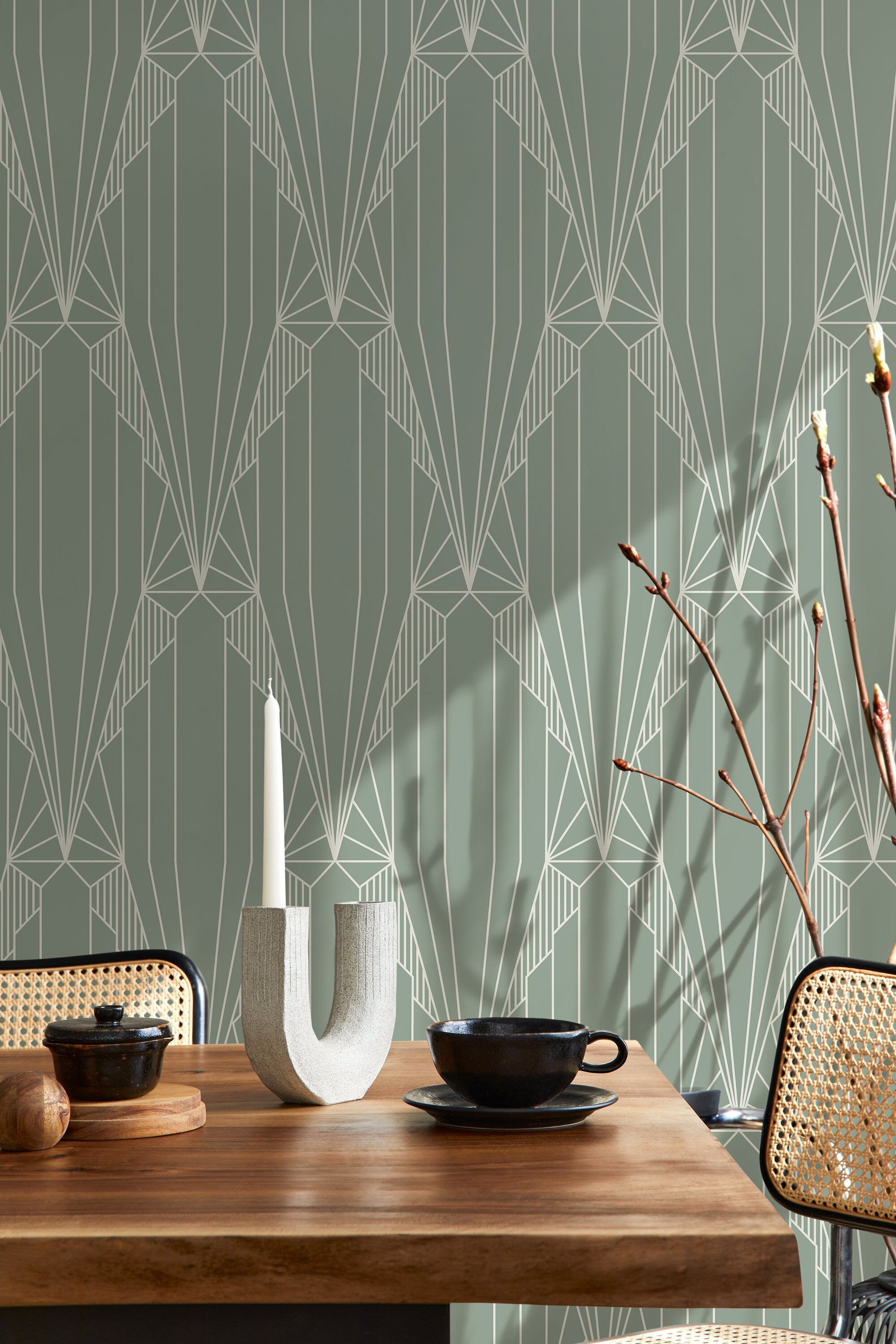 Art Deco Wallpaper With A Symmetrical Fan Motif In Sage Green And Cream - D242