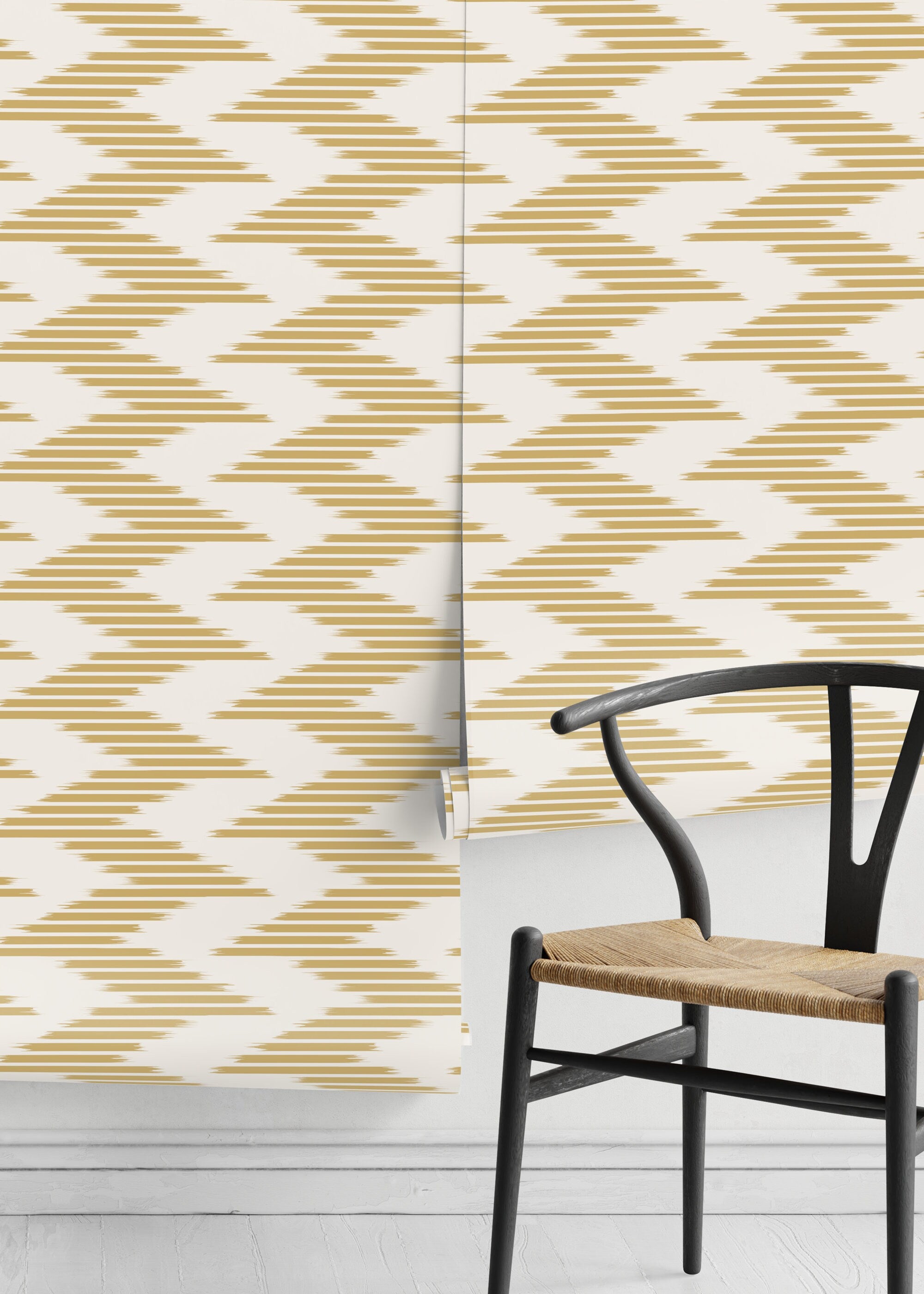 Ikat Wallpaper With A Brushstroke Chevron Motif In Yellow - D207