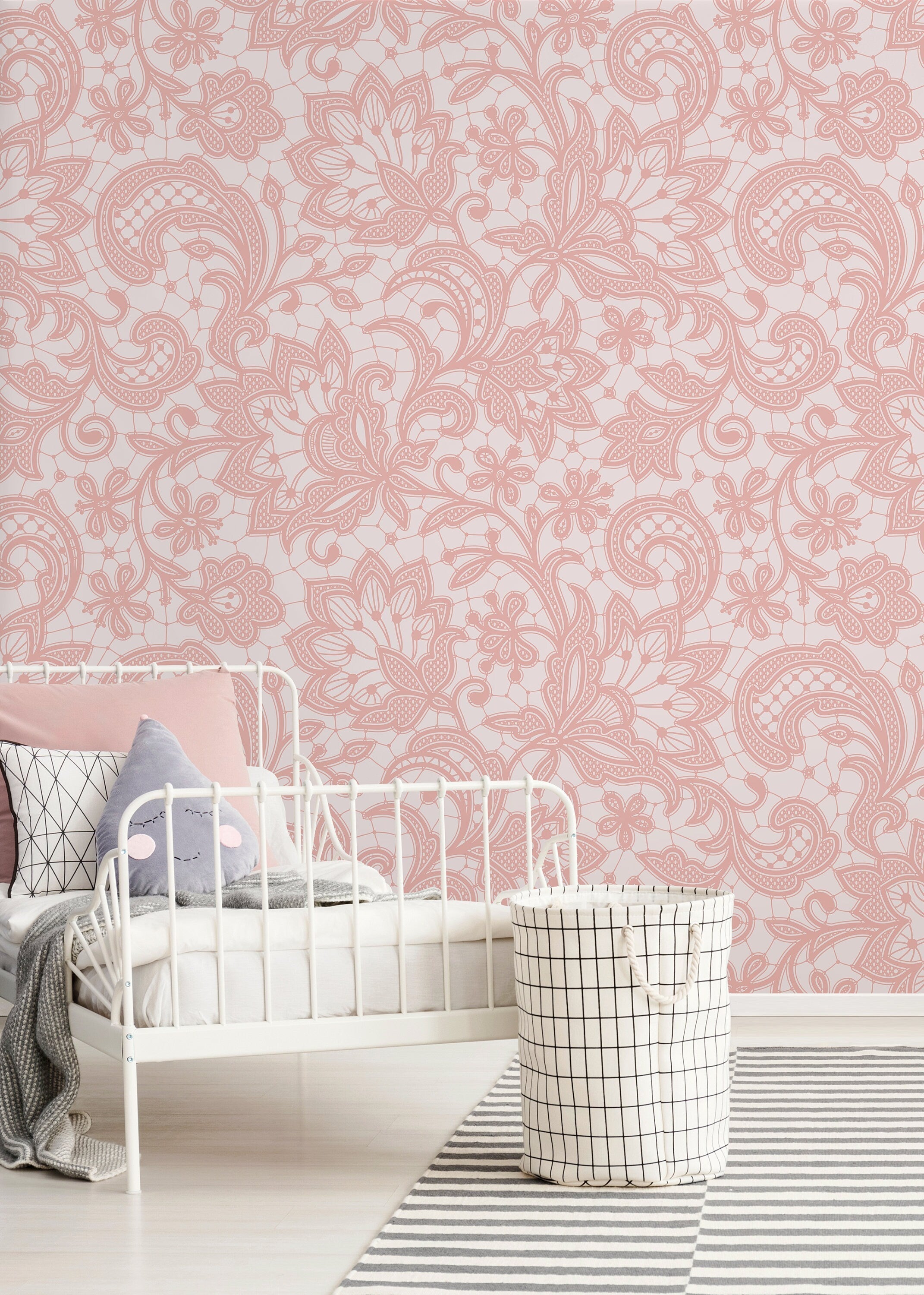 Lace Wallpaper With An Intricate Floral Motif In Pink - D211