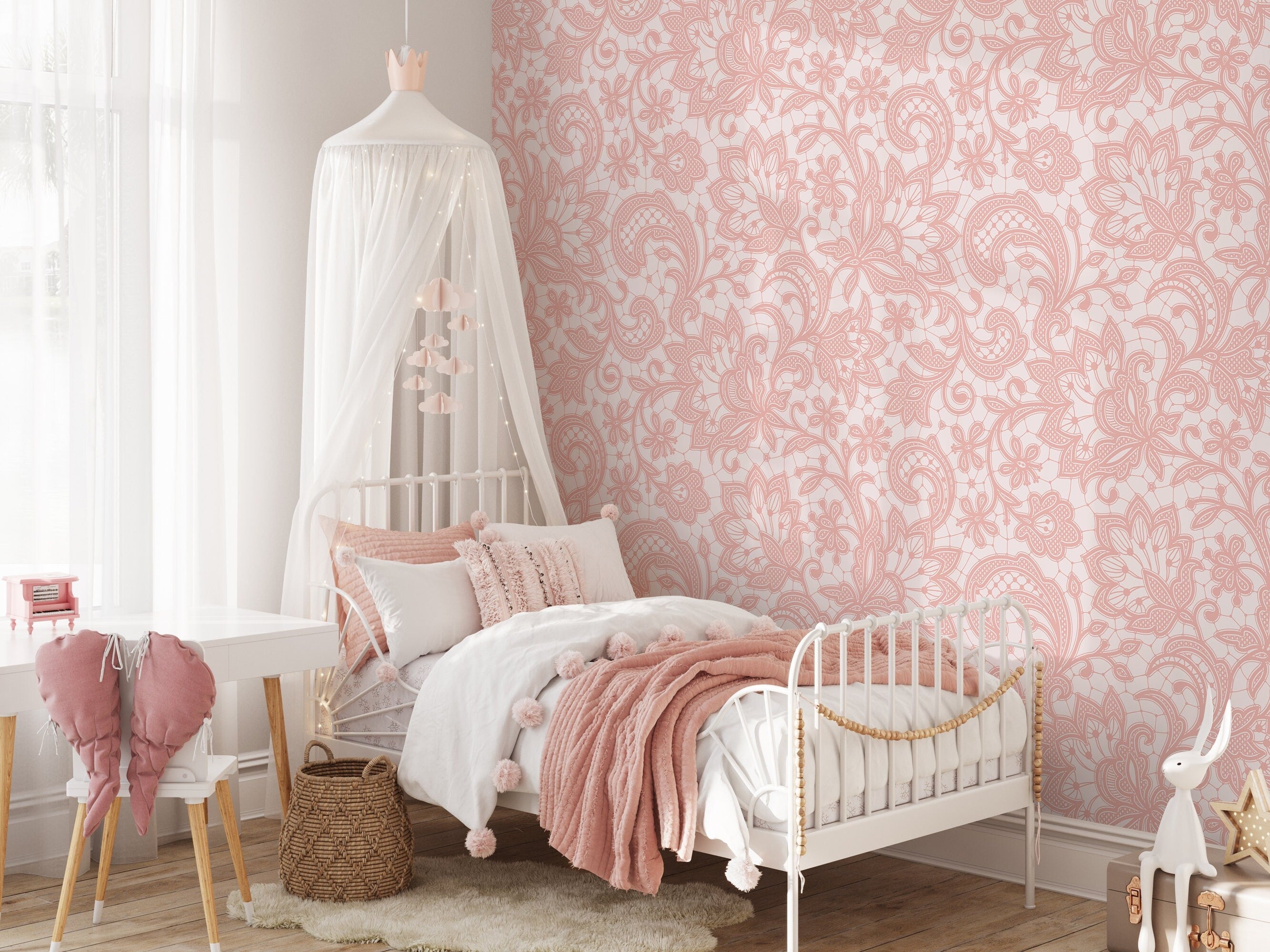 Lace Wallpaper With An Intricate Floral Motif In Pink - D211