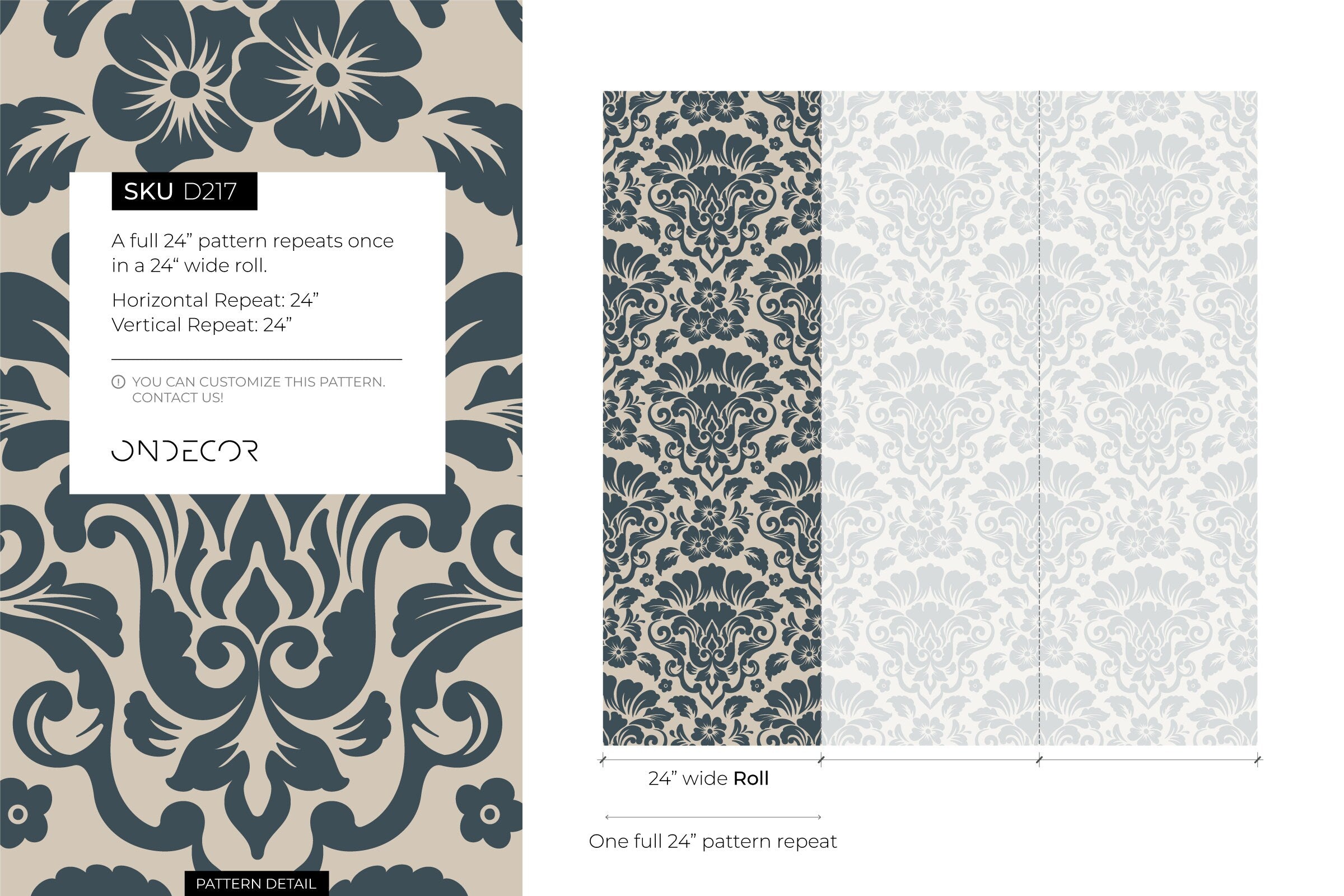 Damask Wallpaper With An Intricate Floral Motif In Navy And Beige - D217
