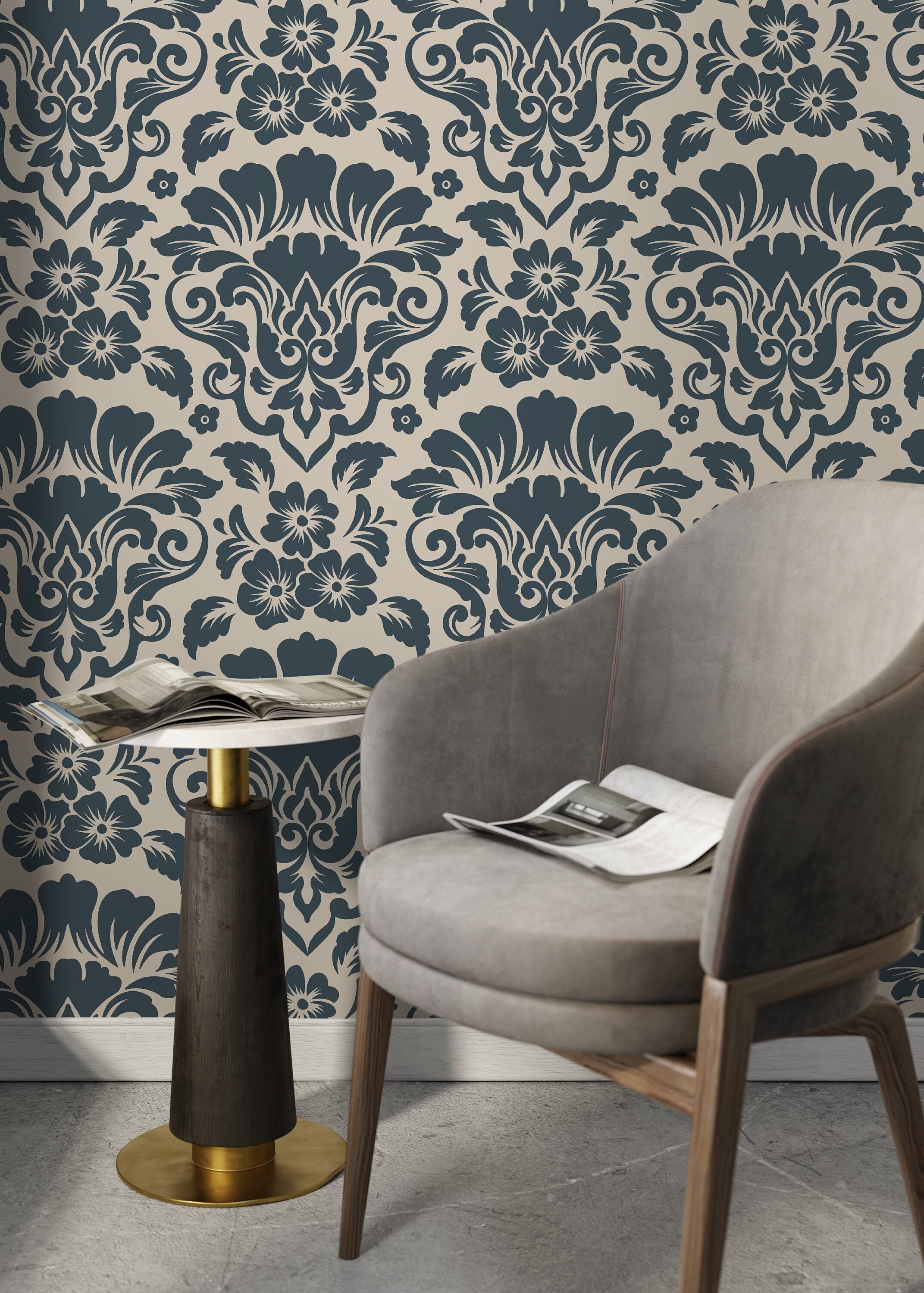 Damask Wallpaper With An Intricate Floral Motif In Navy And Beige - D217