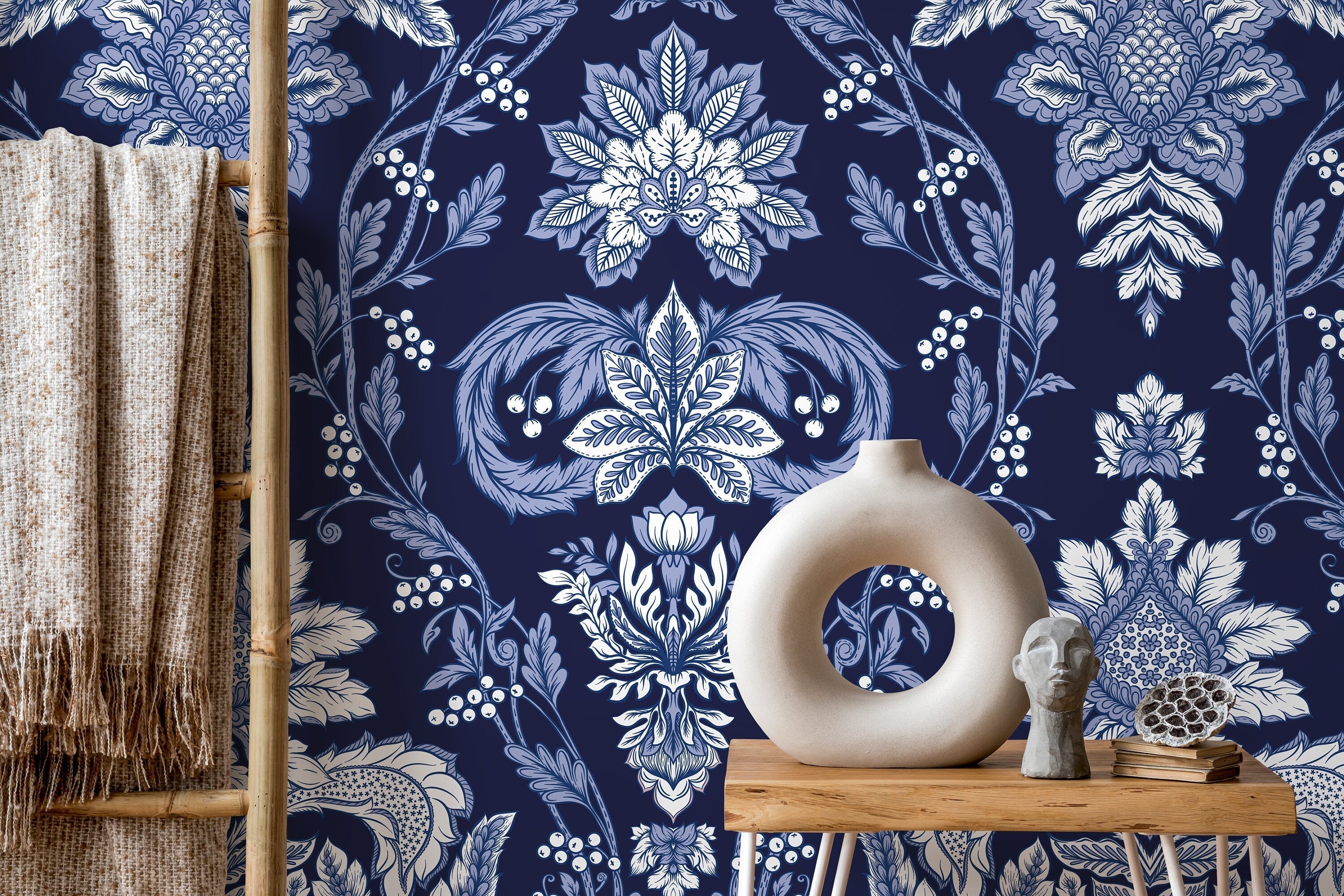 Damask Wallpaper Featuring An Intricate Victorian Motif In Navy Blue, Blue, And White - D223