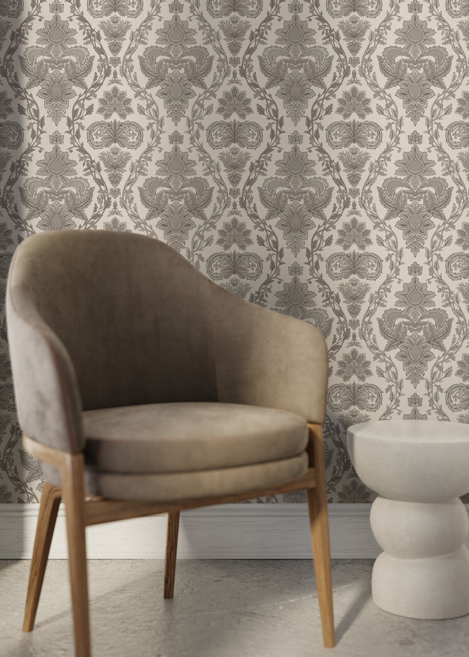 Damask Wallpaper With An Intricate Victorian Motif In Beige And Grey - D226