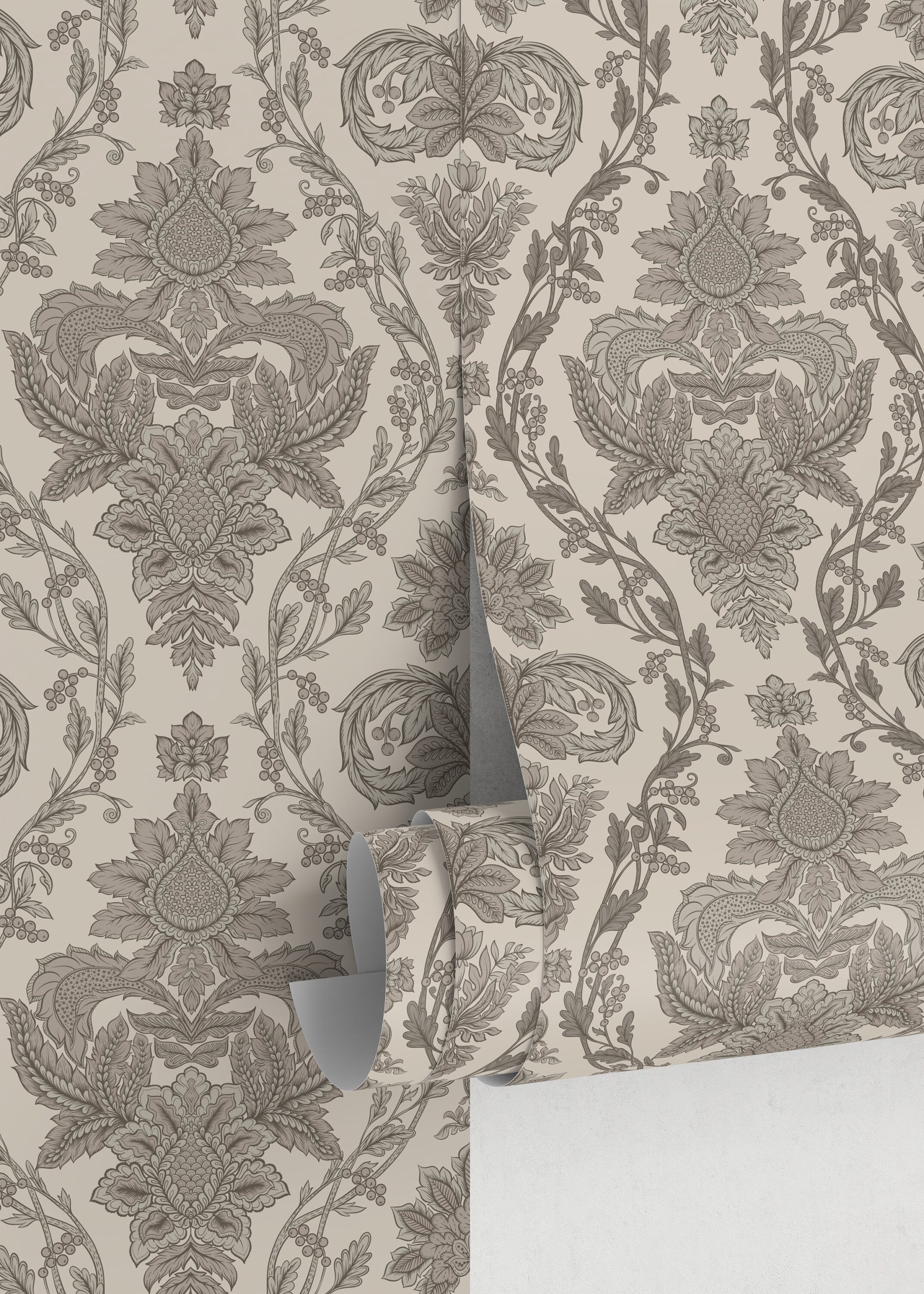 Damask Wallpaper With An Intricate Victorian Motif In Beige And Grey - D226