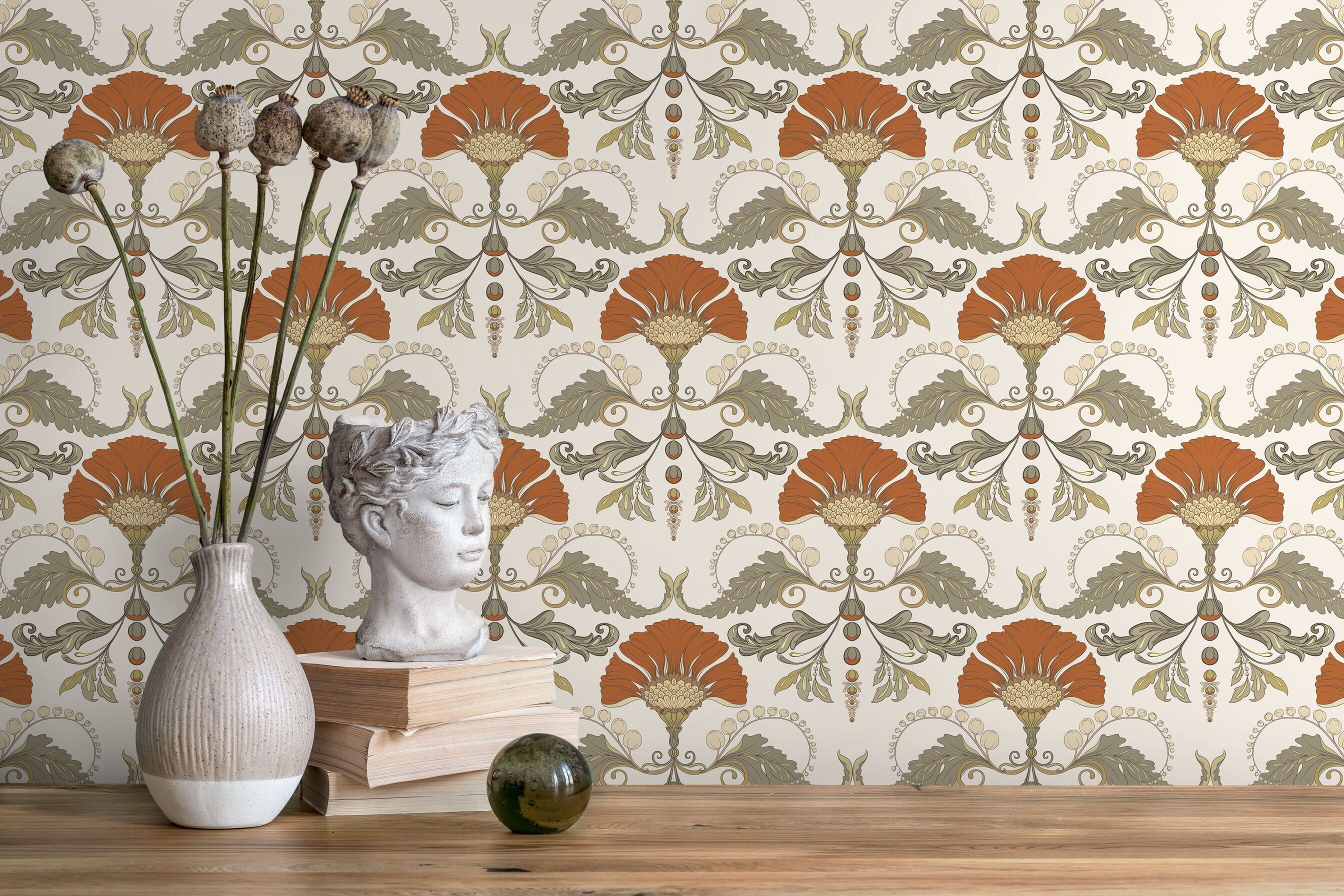 Vintage Wallpaper With A Stylized Floral Damask In Orange, Green, And Cream - D241