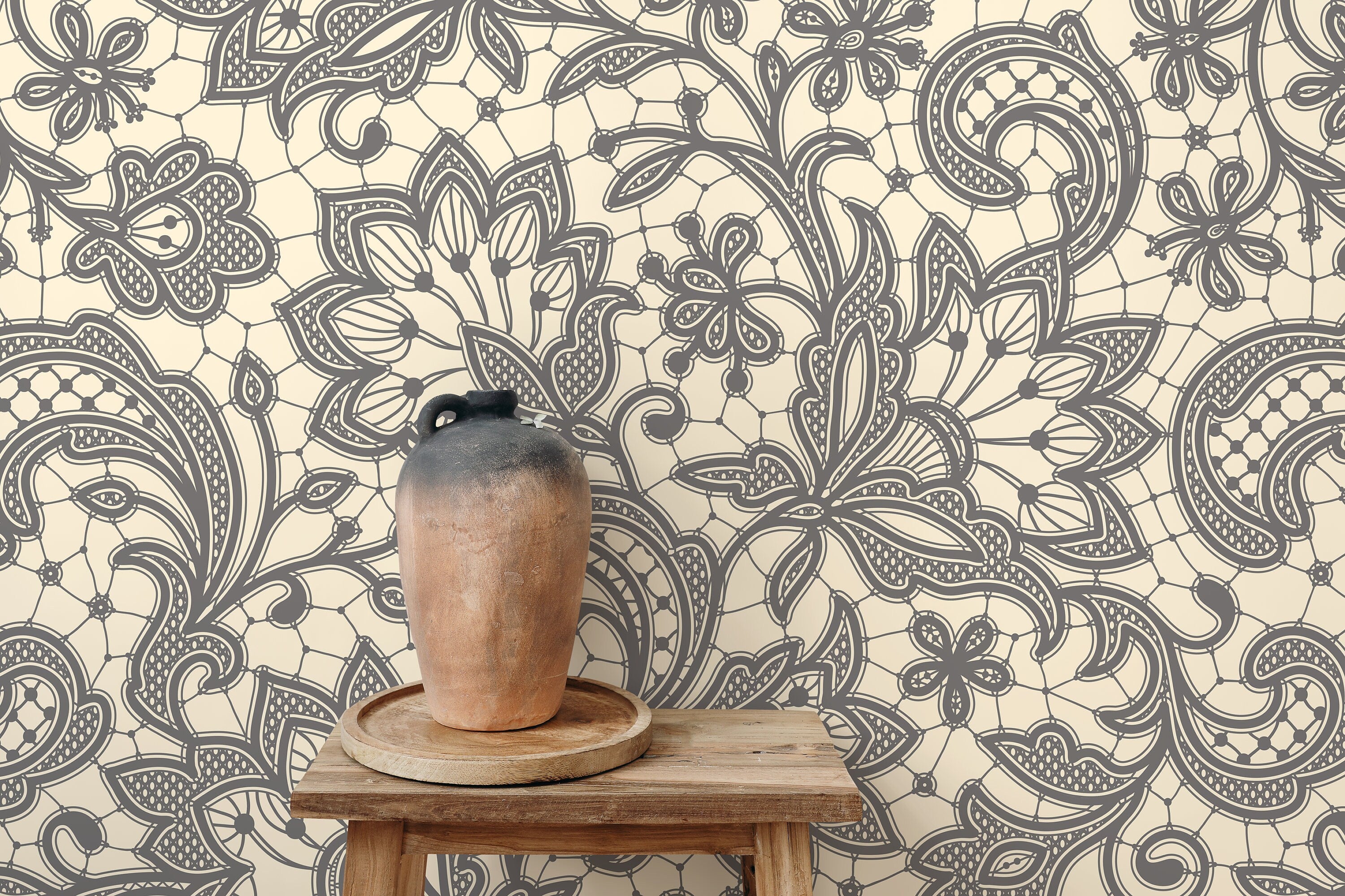 Lace Wallpaper With An Intricate Ornamental Motif In Gray And Beige - D209