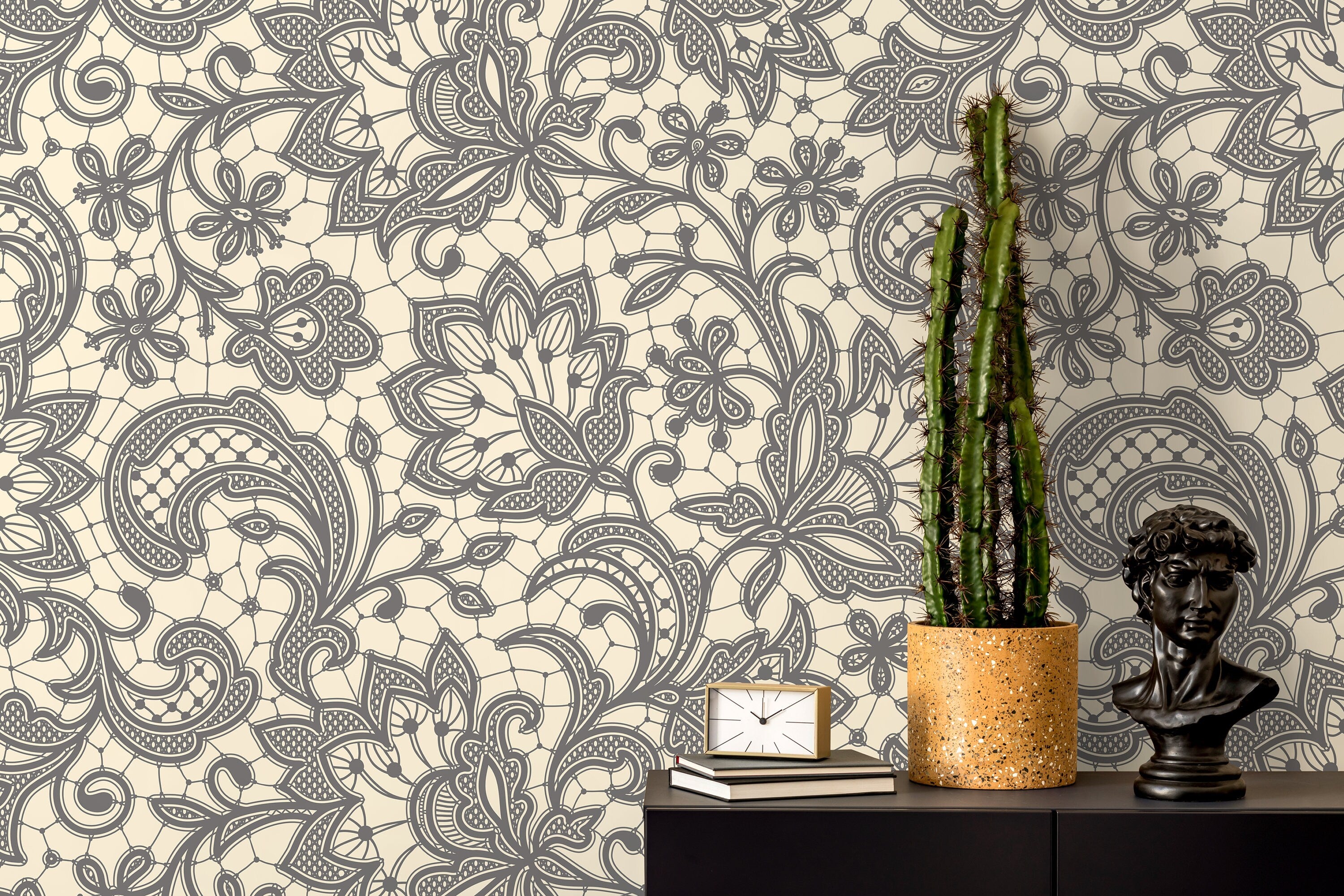 Lace Wallpaper With An Intricate Ornamental Motif In Gray And Beige - D209