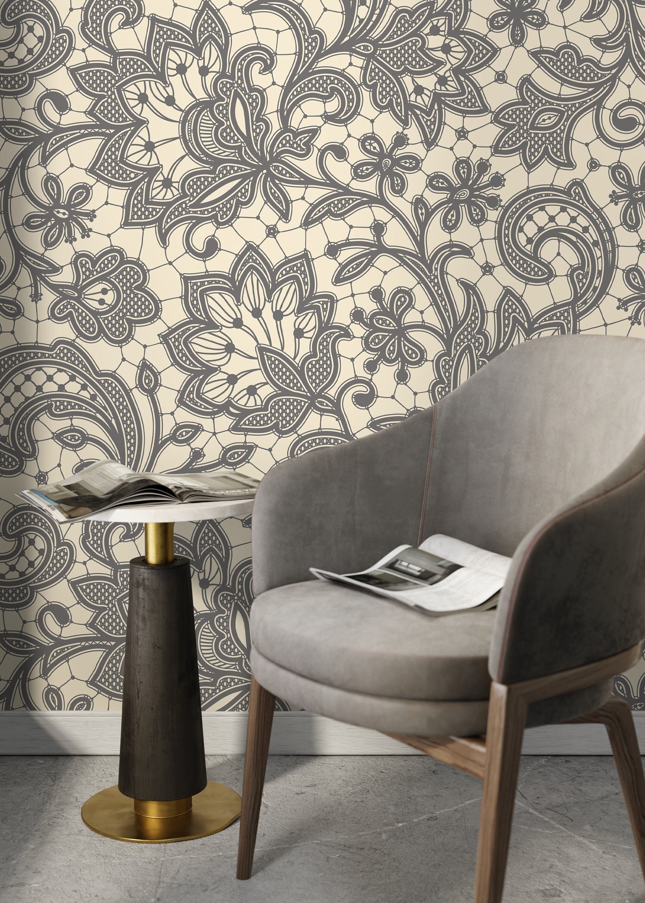 Lace Wallpaper With An Intricate Ornamental Motif In Gray And Beige - D209