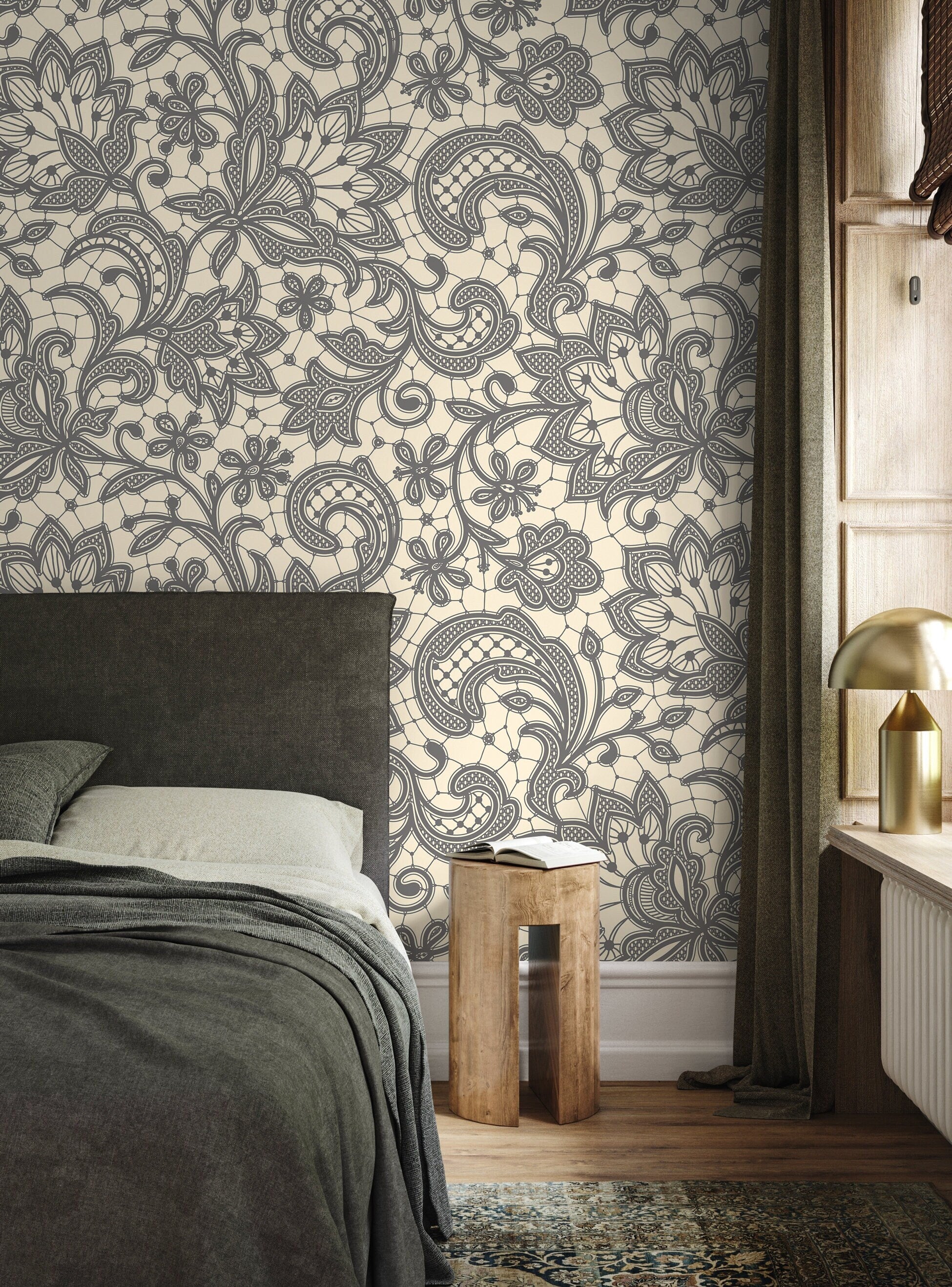 Lace Wallpaper With An Intricate Ornamental Motif In Gray And Beige - D209