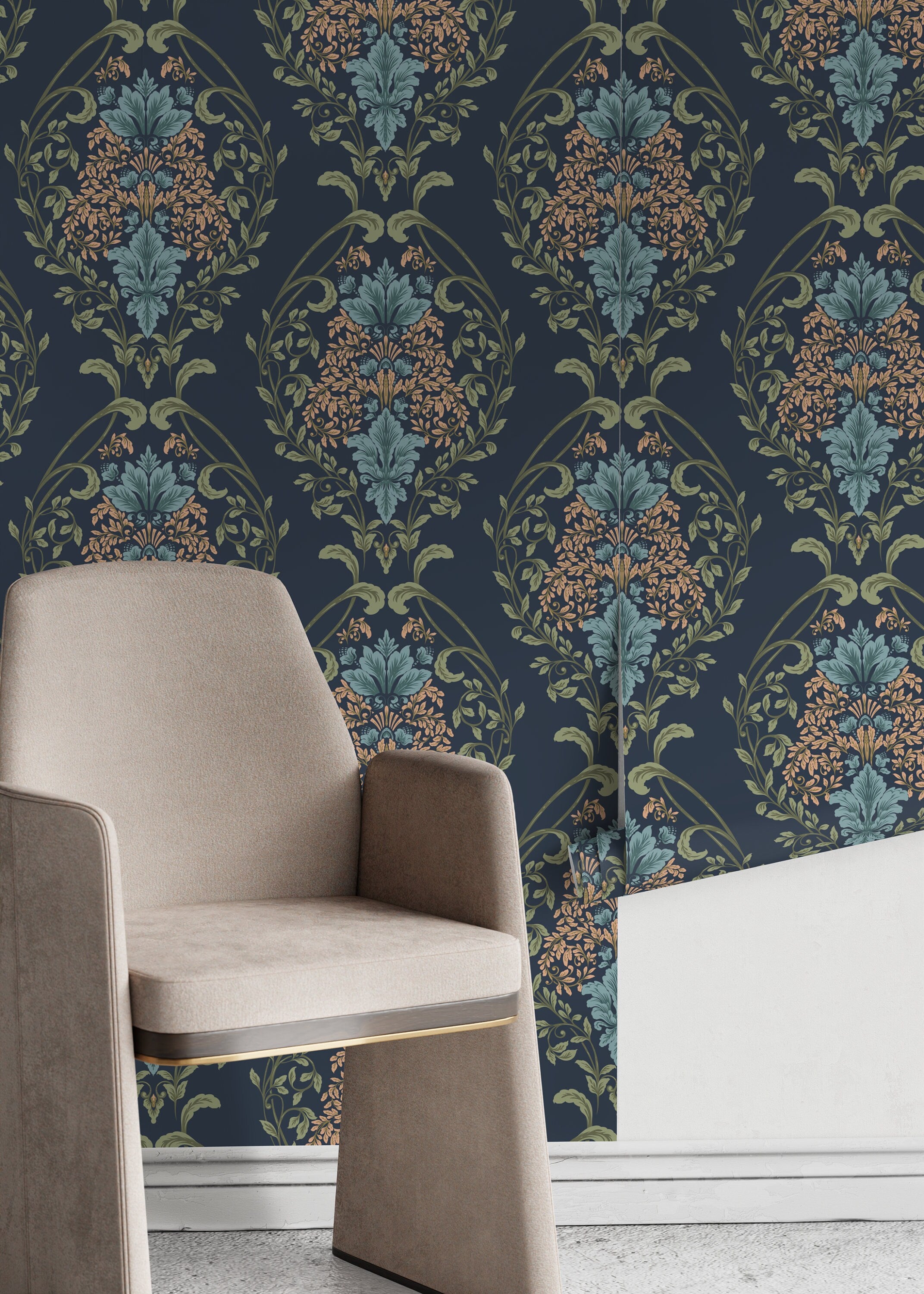Victorian Floral Wallpaper With A Damask Motif In Blue, Teal, And Peach - D219
