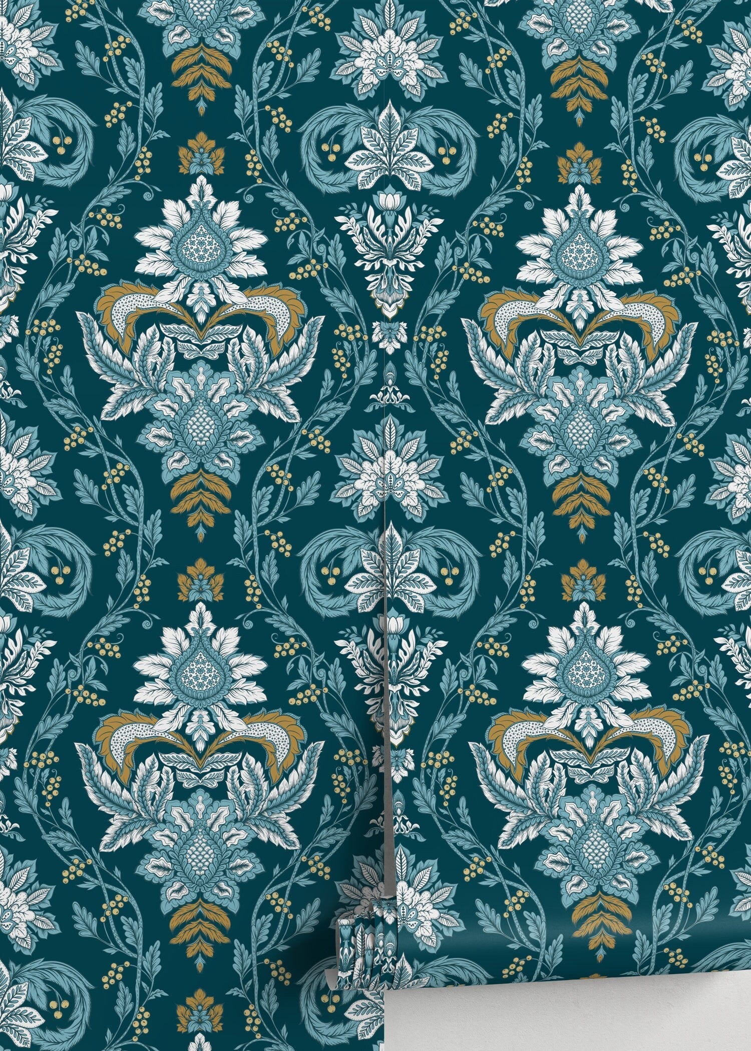 Damask Wallpaper With An Intricate Floral Motif In Teal, Blue, And Gold - D222