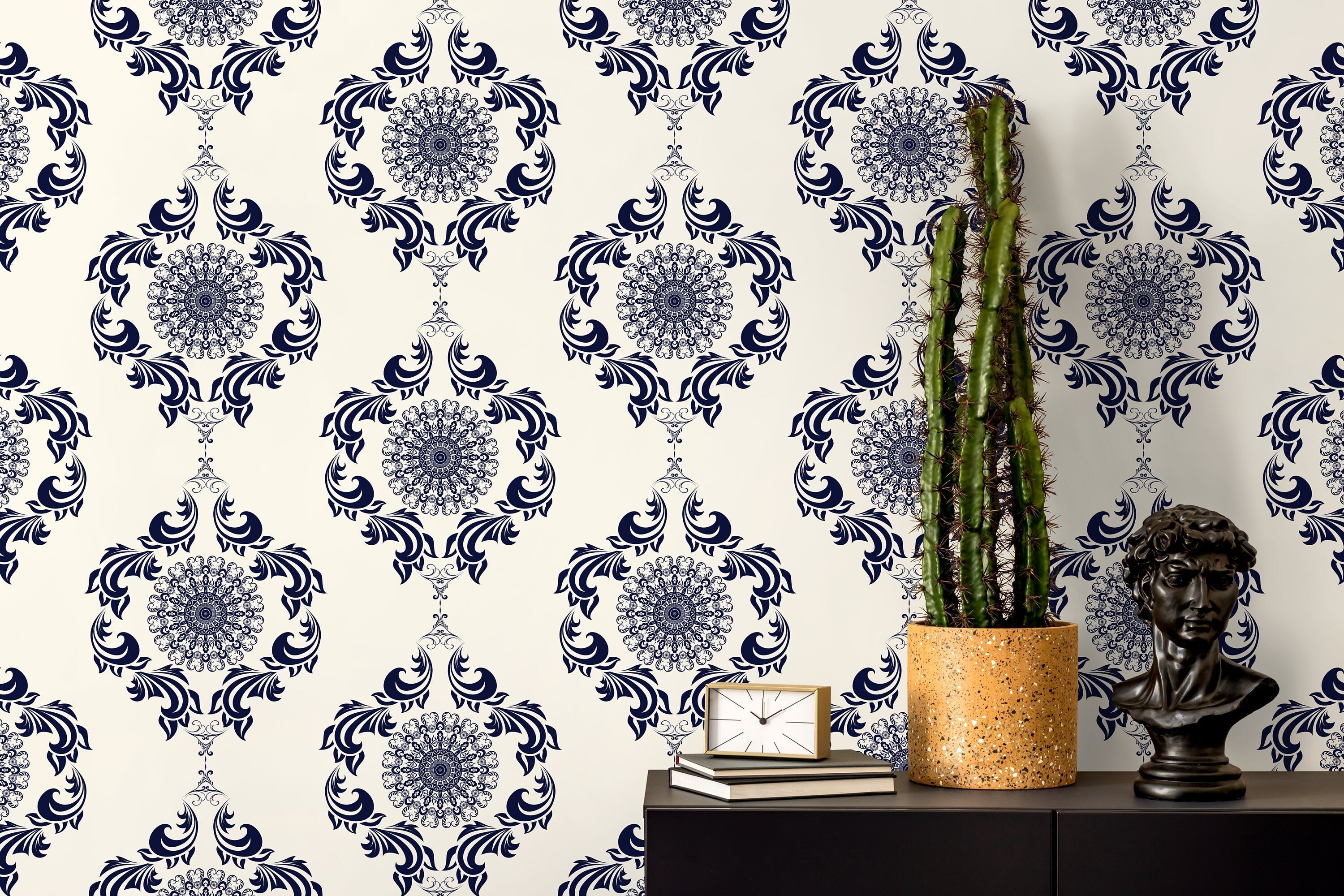 Vintage Wallpaper Featuring Ornamental Damask Medallions In Navy Blue - D231