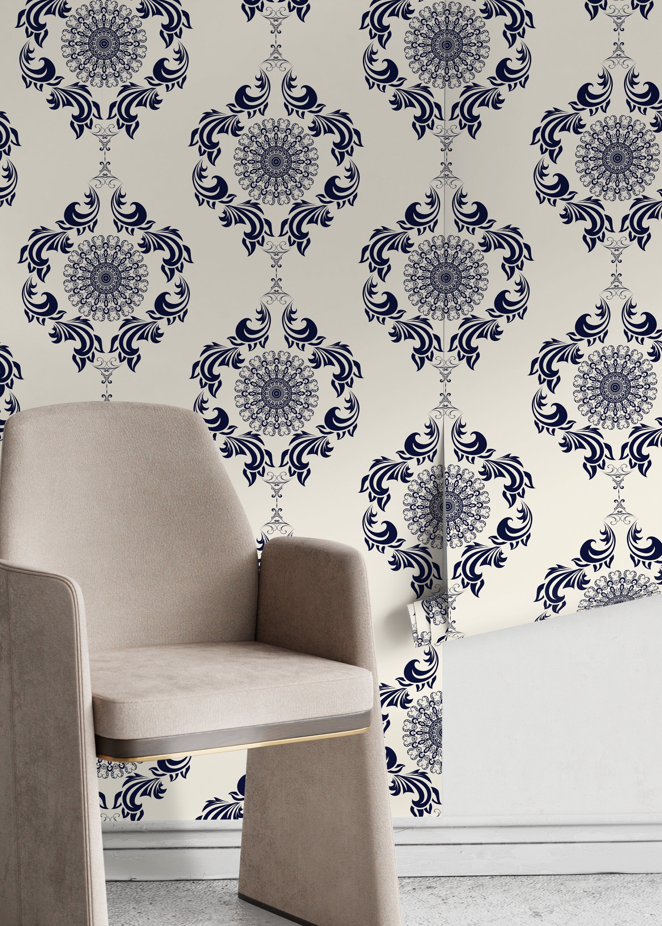Vintage Wallpaper Featuring Ornamental Damask Medallions In Navy Blue - D231
