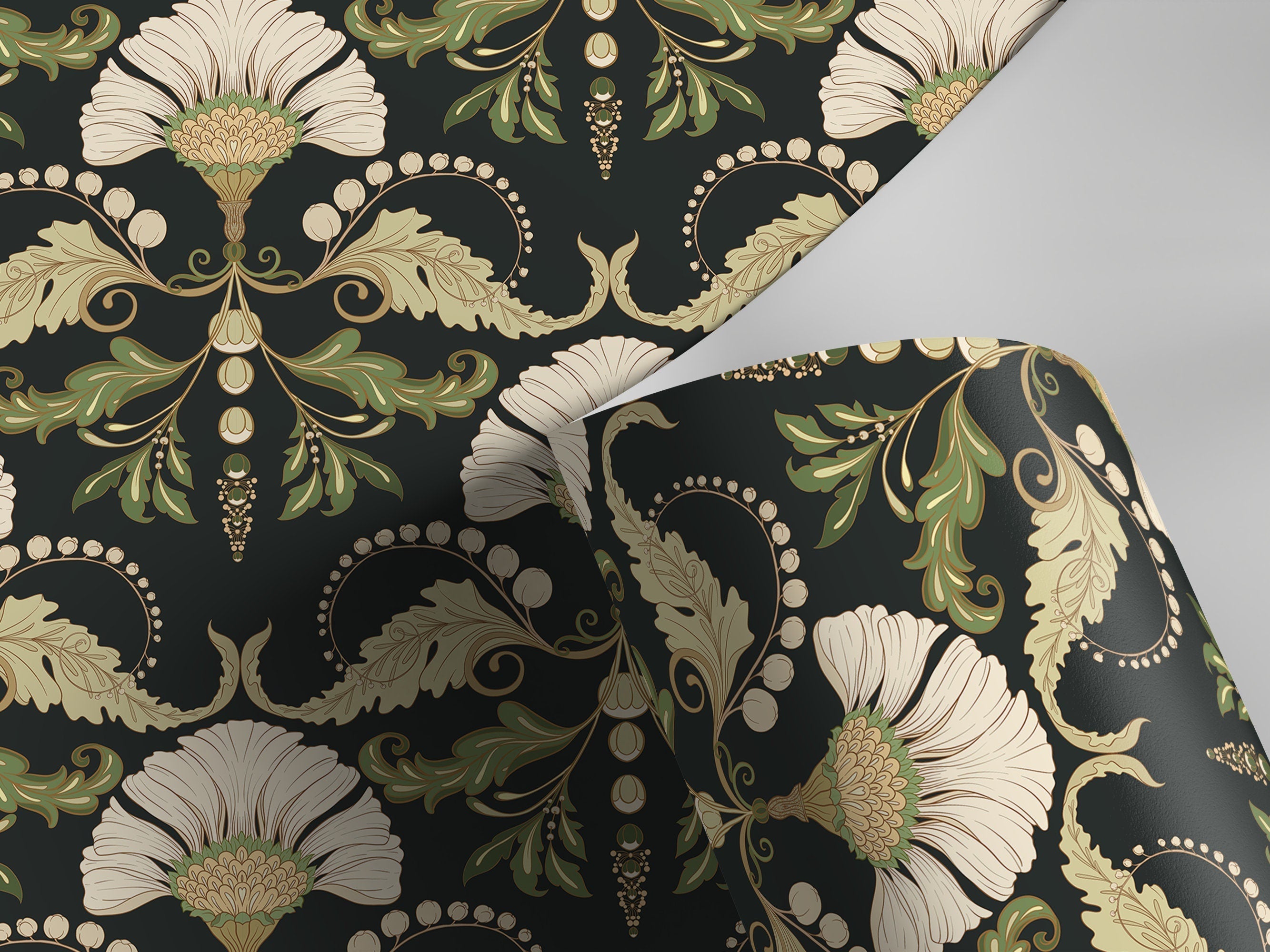 Vintage Wallpaper With A Floral Damask Motif In Green, Beige, And Black - D238
