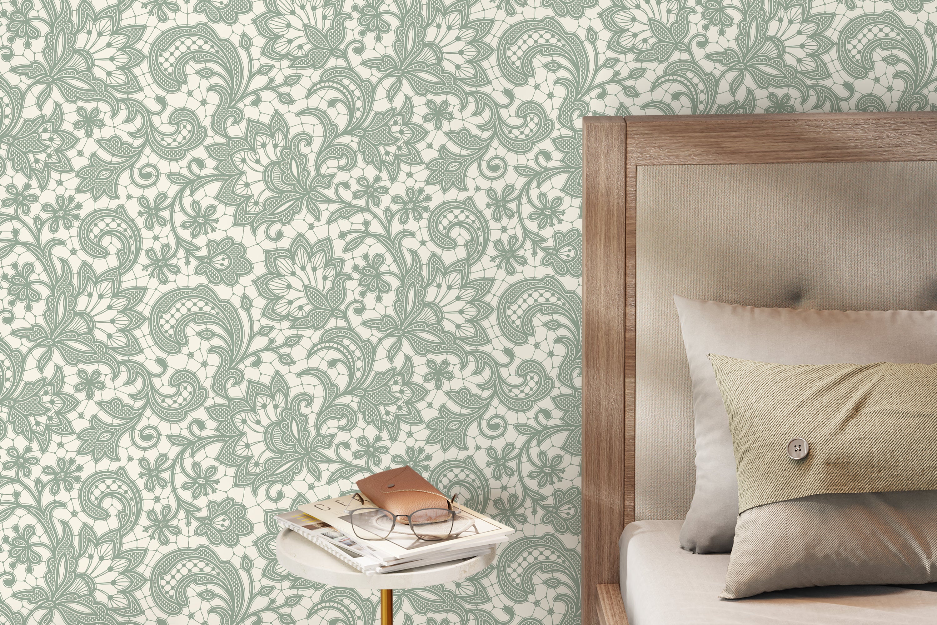 Lace Wallpaper With An Intricate Floral Motif In Mint Green And Cream - D213
