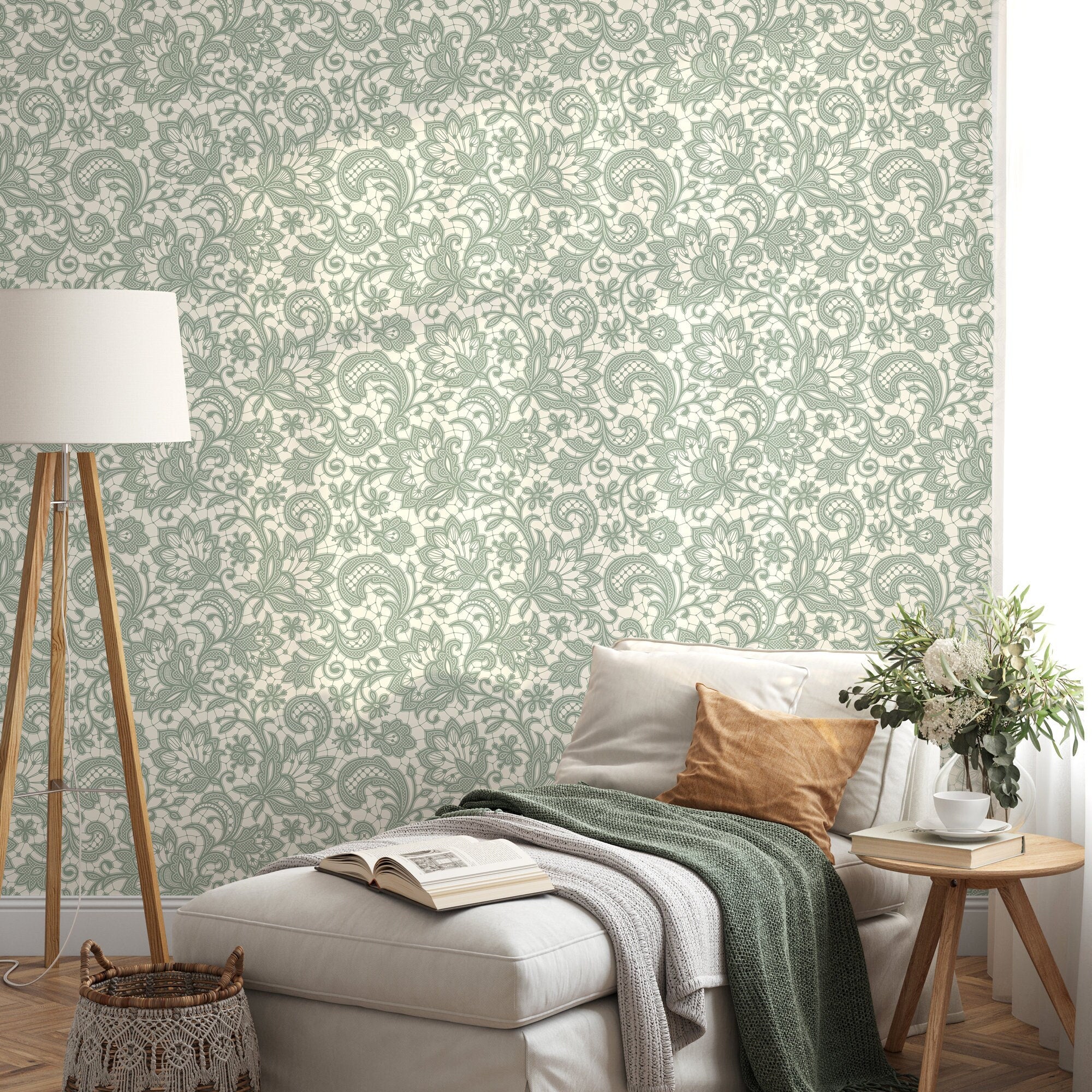 Lace Wallpaper With An Intricate Floral Motif In Mint Green And Cream - D213
